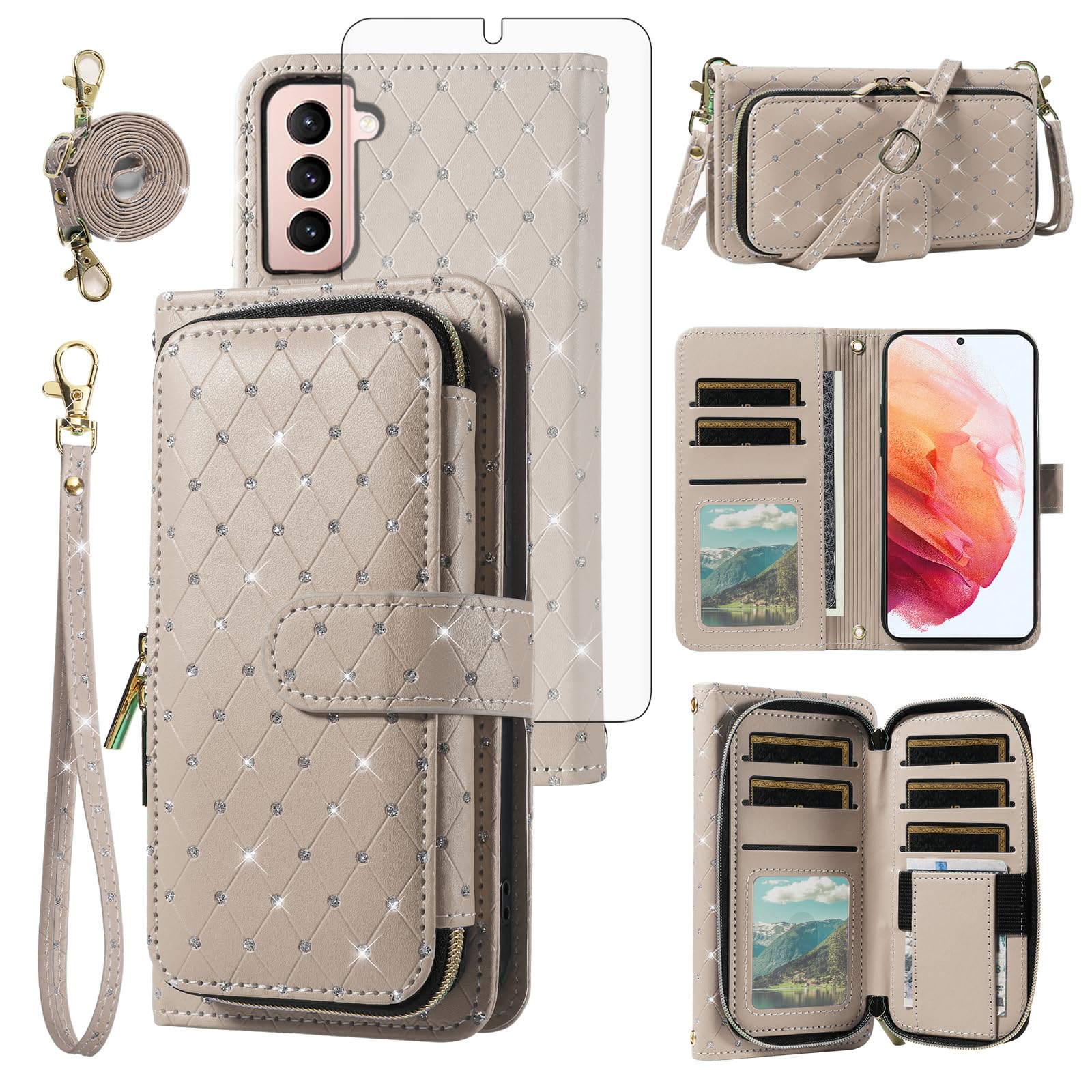 Asuwish Funda tipo cartera para Samsung Galaxy S21 Plus S21+ 5G, con cierre de cremallera, protector de pantalla de vidrio templado, correa cruzada, tarjetero con purpurina, S21+5G, S21plus 21S + S 21