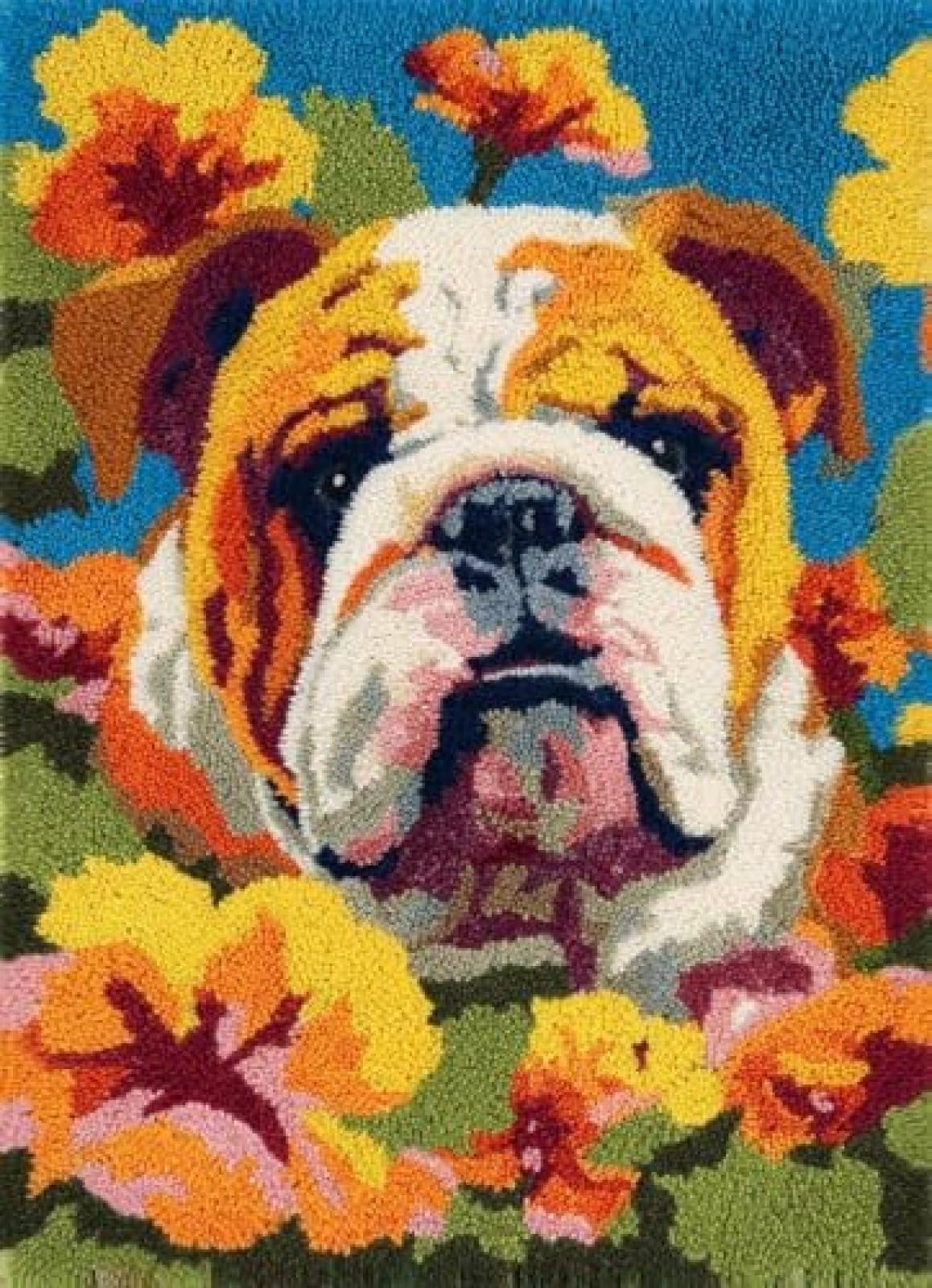 XDEGHUANGSS Latch Hook Rug Kit English Bulldog Dog Portrait in Flowers with Pre-Printed Mat Cover DIY Cushion Crochet Yarn Hooking Craft Set for Floor Decor 38x52cm-3