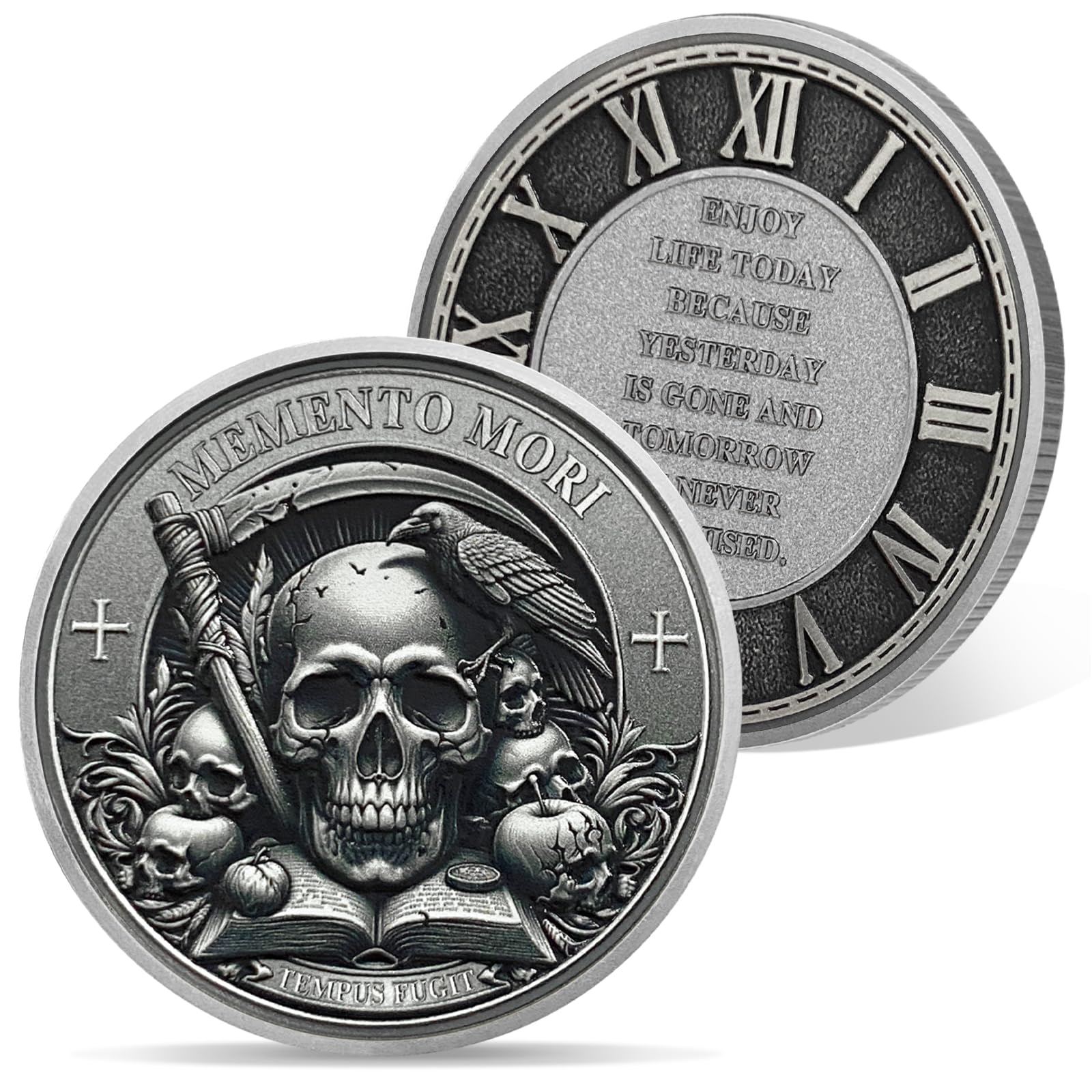 AtSKnSK Moneta Memento Mori TEMPUS FUGIT Moneta Teschio Moneta Sfida Medaglione Corvo Chip Regali Stoici Ricordo per Donne e Uomini
