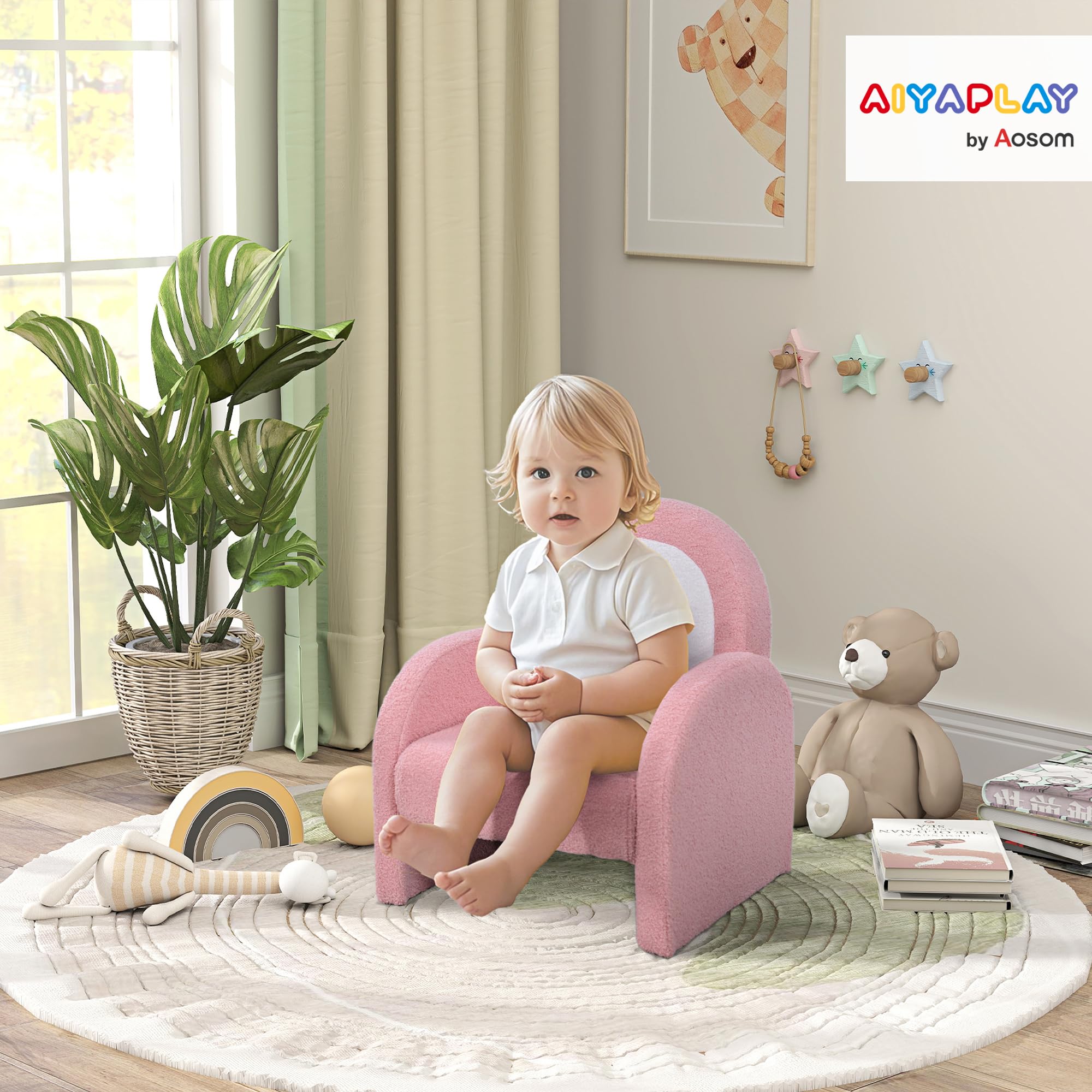 AIYAPLAY Poltrona per bambini con schienale arcobaleno Divano per bambini 18-96 mesi Braccioli in morbido tessuto trapuntato Carico 45 kg Rosa