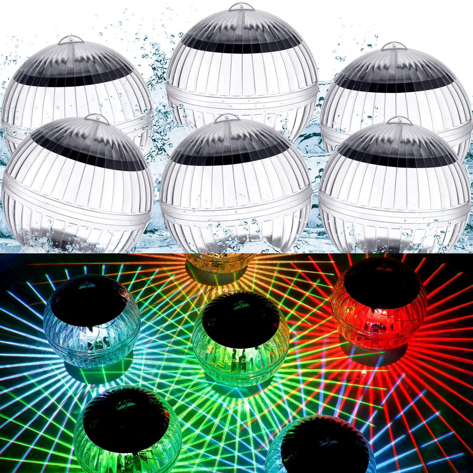 6 Pcs Solar Pool Lights Waterproof Floating Ball Pool Light Pool Floating Light LED Glow Globe Pool Night Lamp Color Changing Water Float Light Pool Accessories for Fountain Garden Pond Party Decor