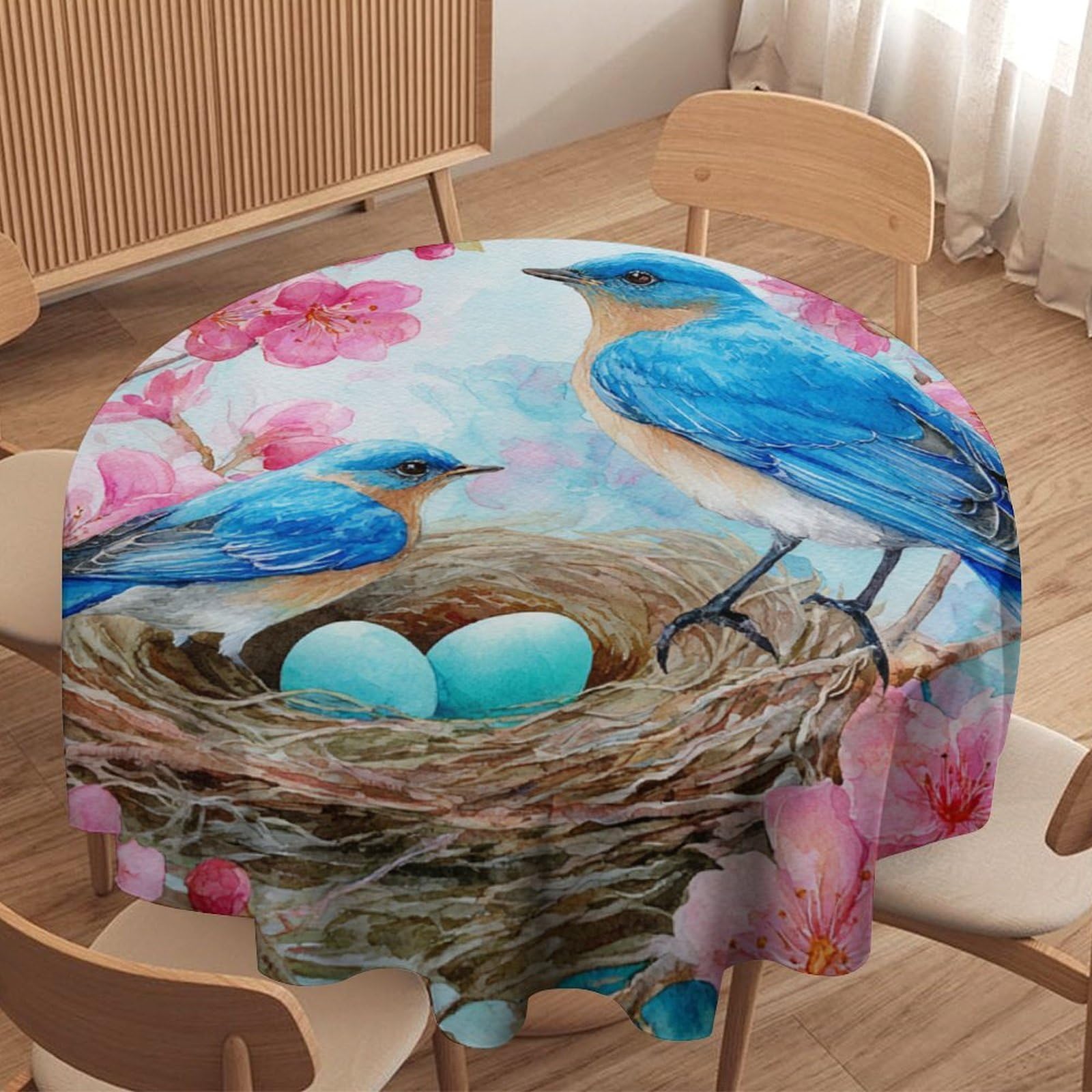 LUYYSKY Retro Realistic Bird Family Round Tablecloth Rustic Oil Painting Japanese Cherry Blossom Tree Animal Blue Bird Washable Decor for Table Cover for Kitchen-152.4" Wx152.4 L cm