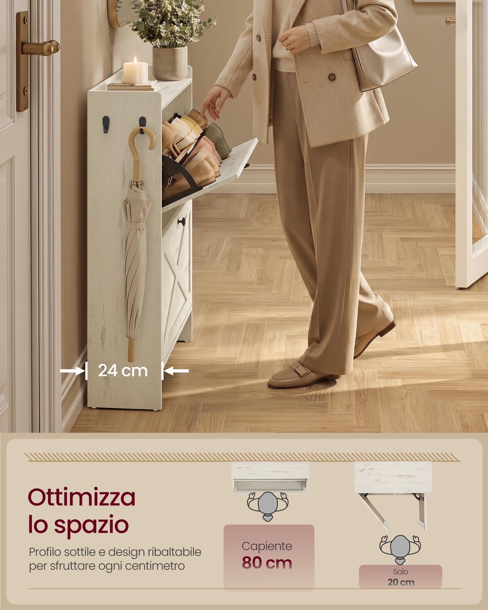 VASAGLE Scarpiera, Mobile Porta Scarpe Salvaspazio con 2 Cassetti a Ribalta e Ganci, 83 x 24 x 102,2 cm, per Ingresso, Stile Rustico, Bianco Nuvola, Collezione HAINS HSC203WJ01