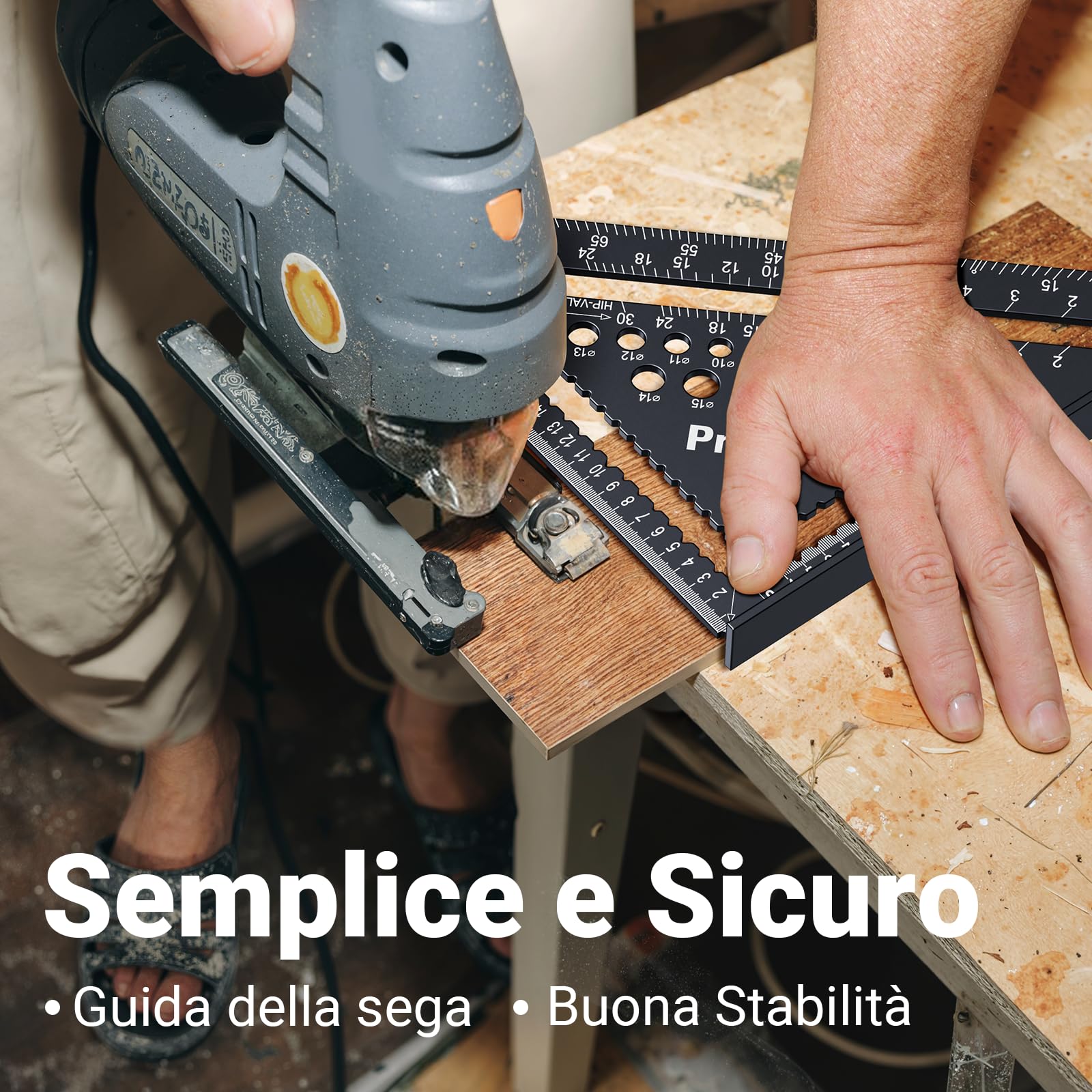 Squadra da Falegname 5 in 1, Squadra Combinata per Legno con 7‘’ e 12‘’, Righello Angolare Multiuso in Alluminio con Funzione di Foratura, con Matita Carpentiere e Ricariche Mine
