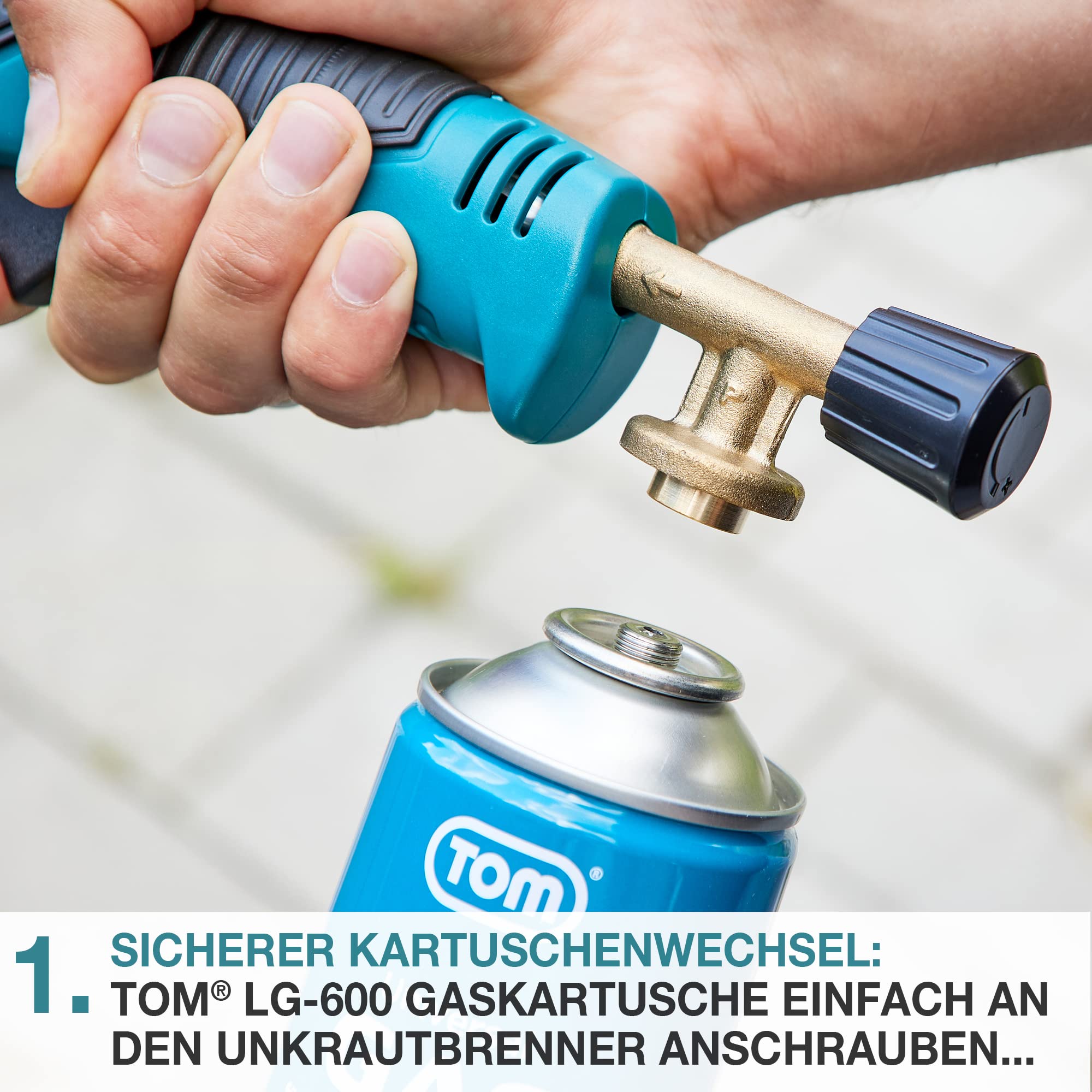 TOM Gas Unkrautbrenner Set + 4 x 330 g Universal Gasflasche mit Schraubgewinde 600 ml – Abflämmgerät ideal zur Unkrautvernichtung auf Pflastersteinen, Gehwege, Pflasterfugen. Grillanzünder, Blau