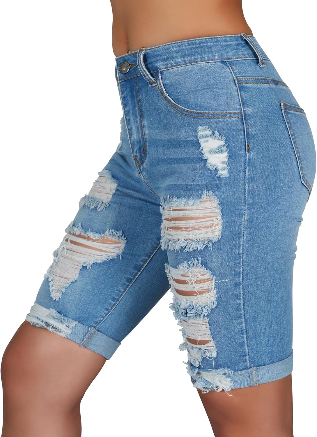 roswear Women's Mid Rise Ripped Stretchy Knee Length Bermuda Denim Shorts - Image 4