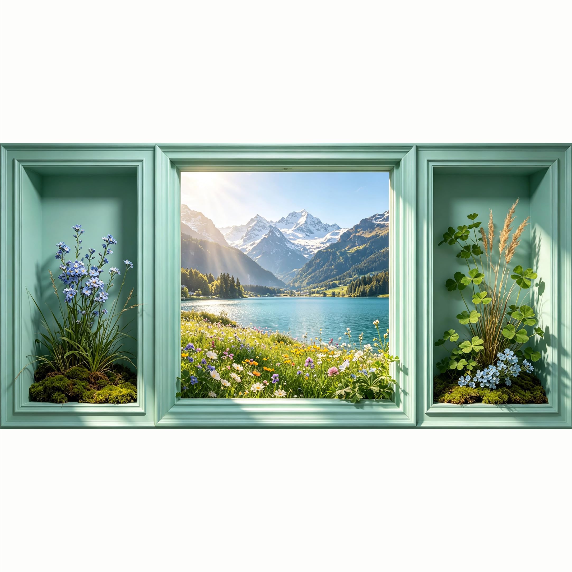 QZLITHOTIC 50x100cm 3D Framed Wall Art， Alpine Mountain Lake Landscape Botanical Floral Window View SelfAdhesive Mural， WaterActivated Peel & Stick Fabric Decor Wall Decal for Bedroom Living Room