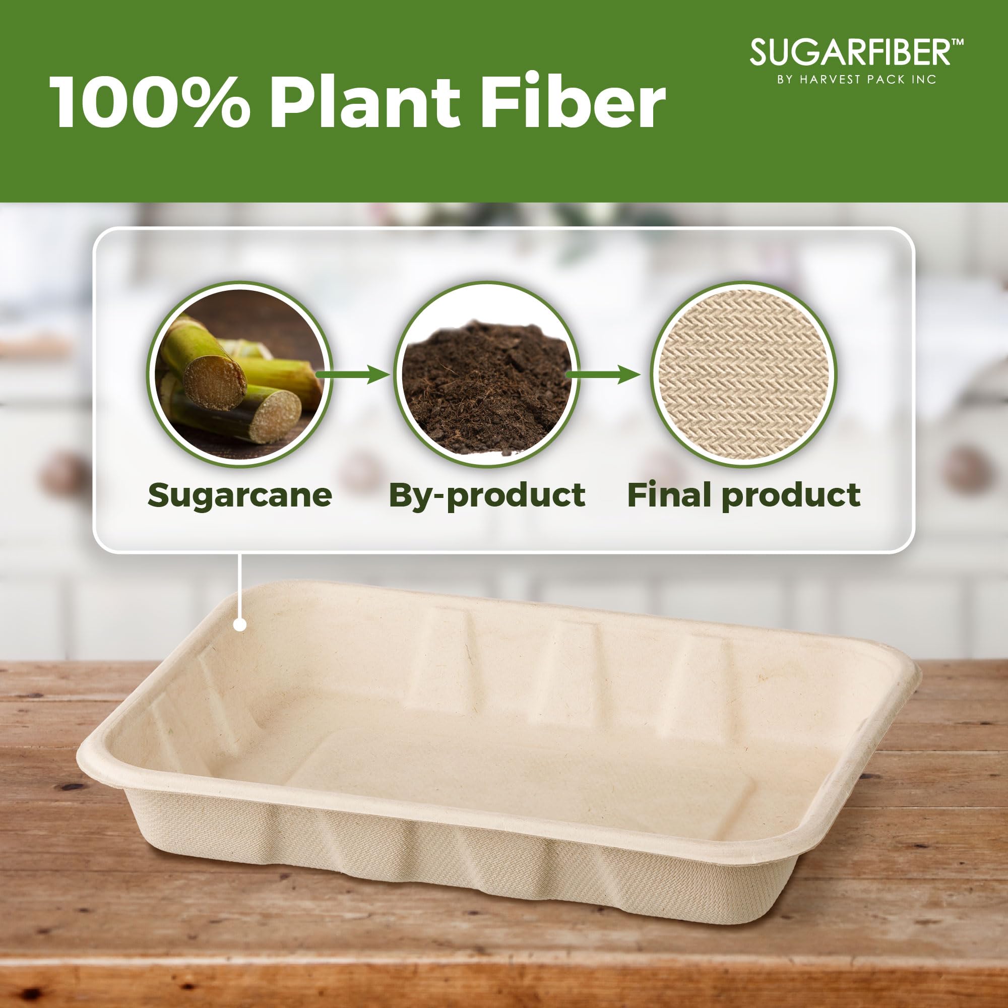 HARVEST PACK - Bandejas desechables compostables para servir alimentos, rectangulares, hechas de fibras vegetales 100% ecológicas [100 unidades]