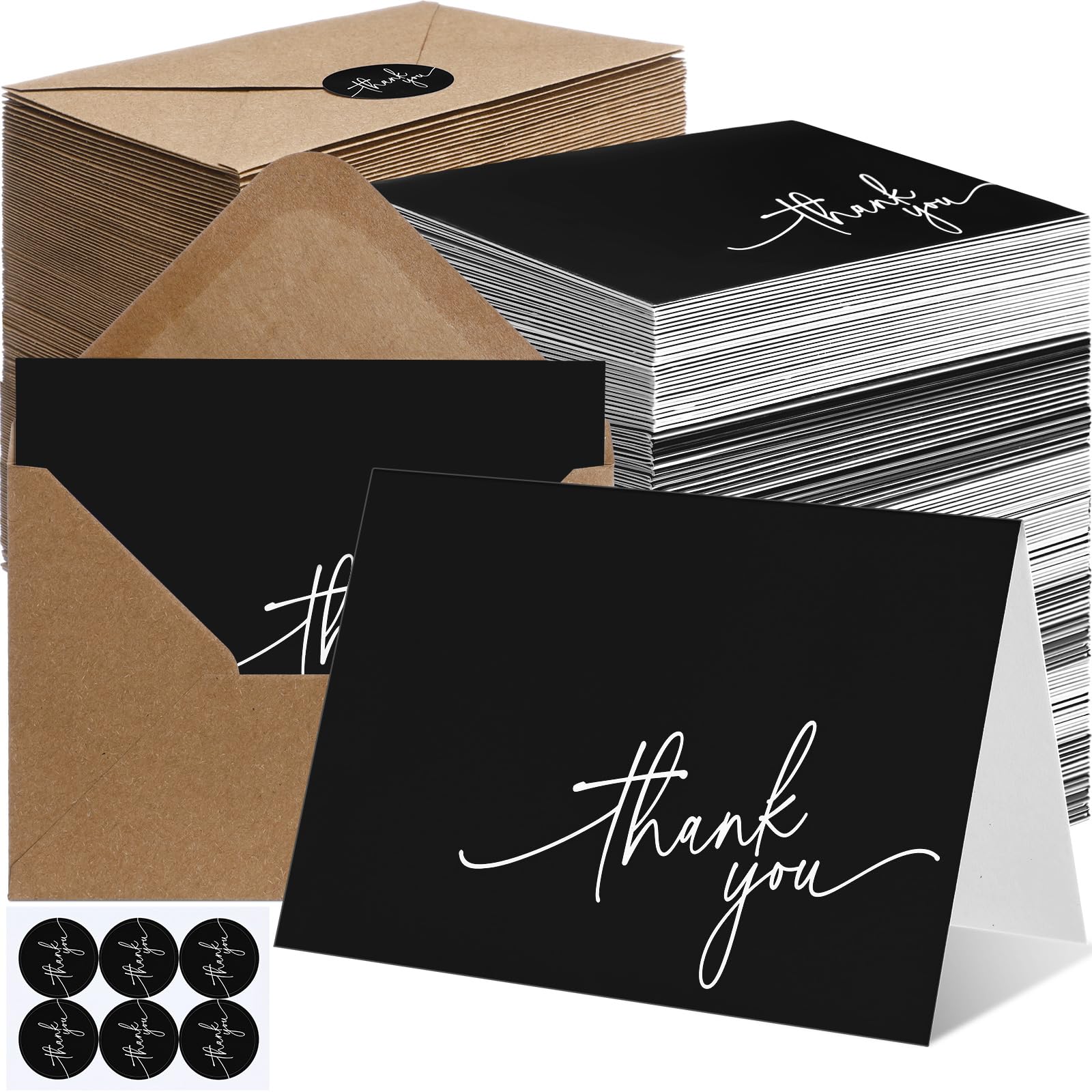 Gueevin 200 Pcs Thank You Cards with Kraft Envelopes and Stickers Bulk, 3.5 x 5 Inch Classy Blank Thank You Notes for Wedding, Business, Graduation,
