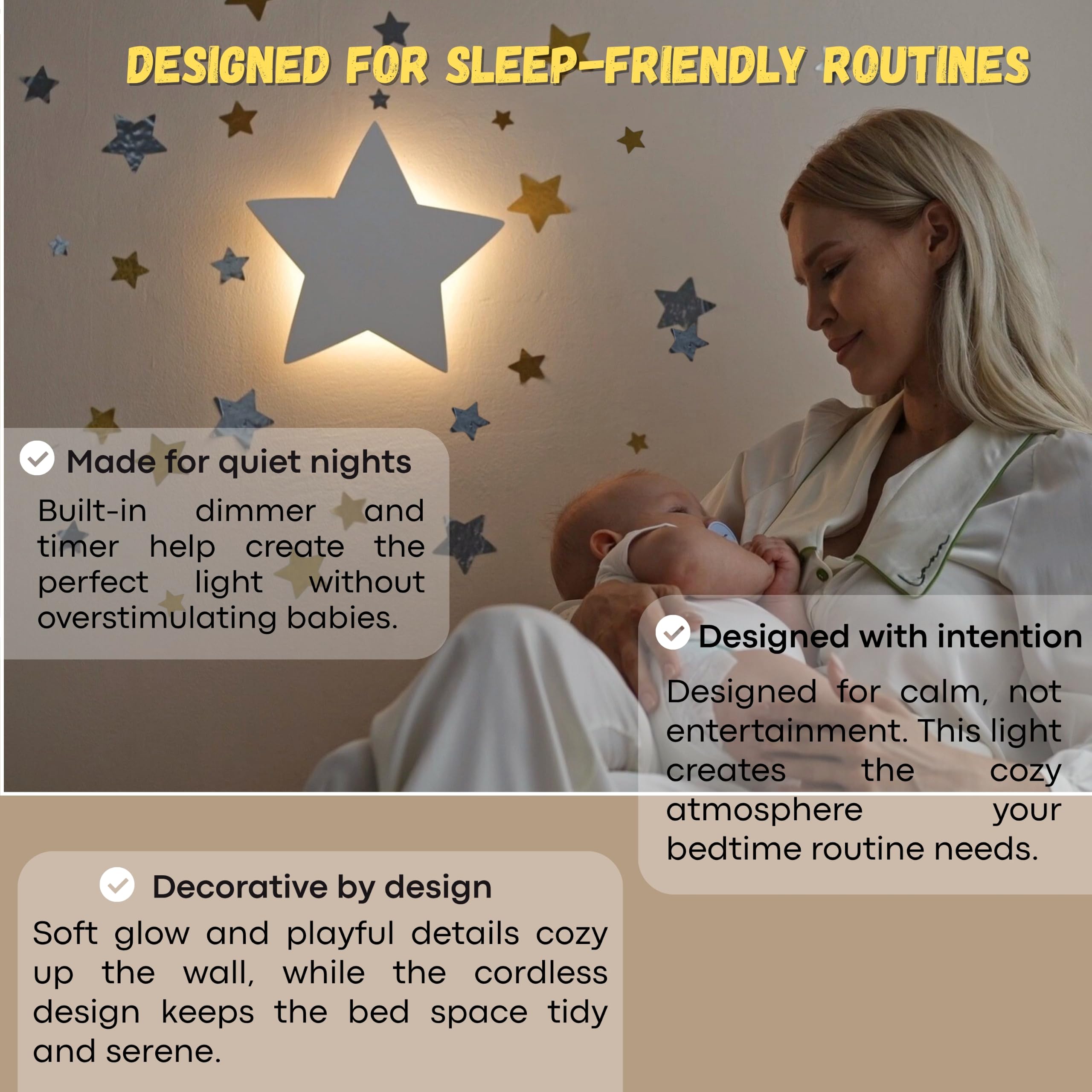 KALEOLI Lámpara de pared de estrella para guardería, luz nocturna suave para recién nacidos y niños pequeños, recargable y regulable (calcomanías de luna y estrella incluidas)