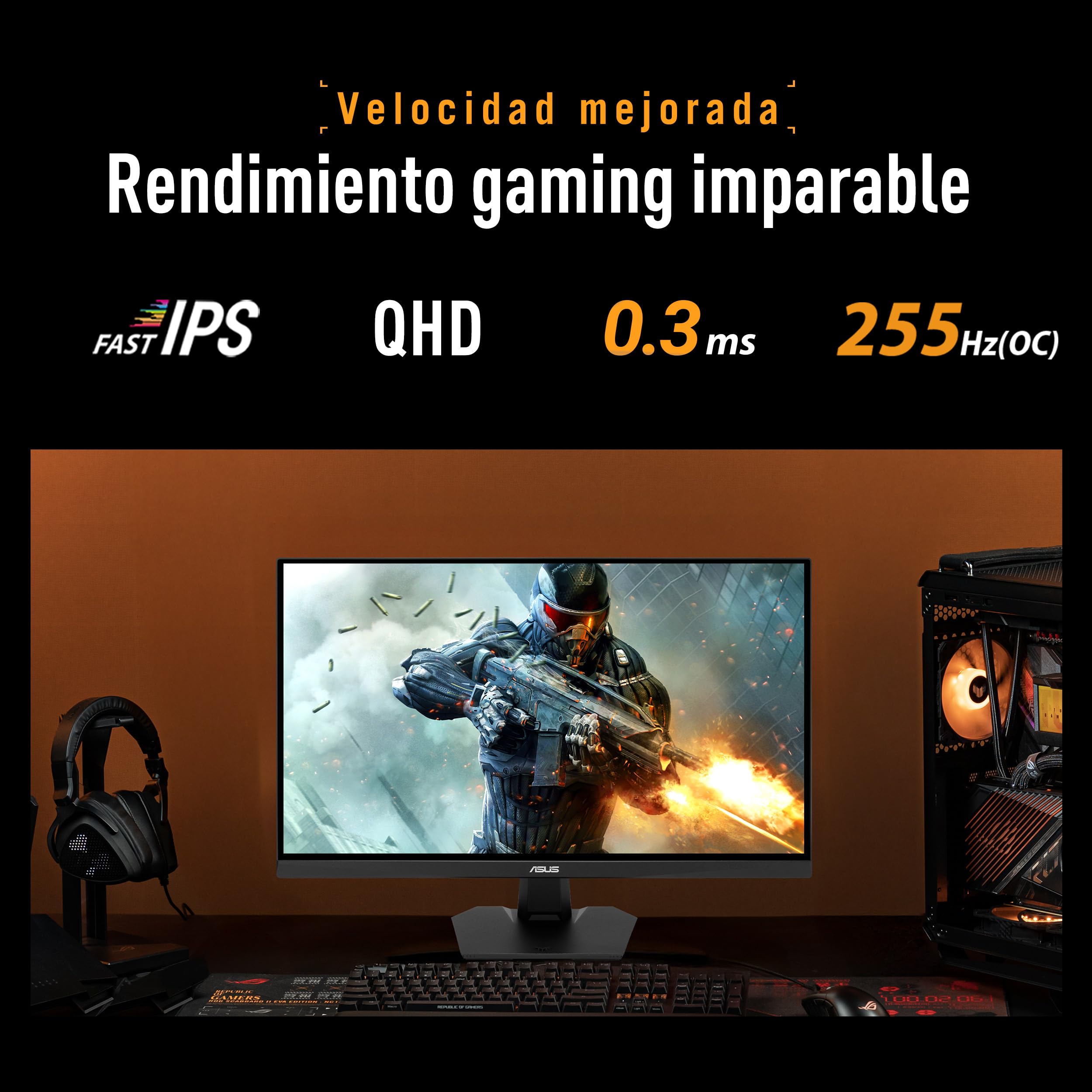 ASUS TUF Gaming VG27AQME5F - Monitor de 27", Panel Fast IPS QHD, 255 Hz (OC), 0,3 ms, G-Sync, AMD FreeSync Premium, ELMB Sync, 95% DCI-P3, DisplayWidget Center, Gaming AI