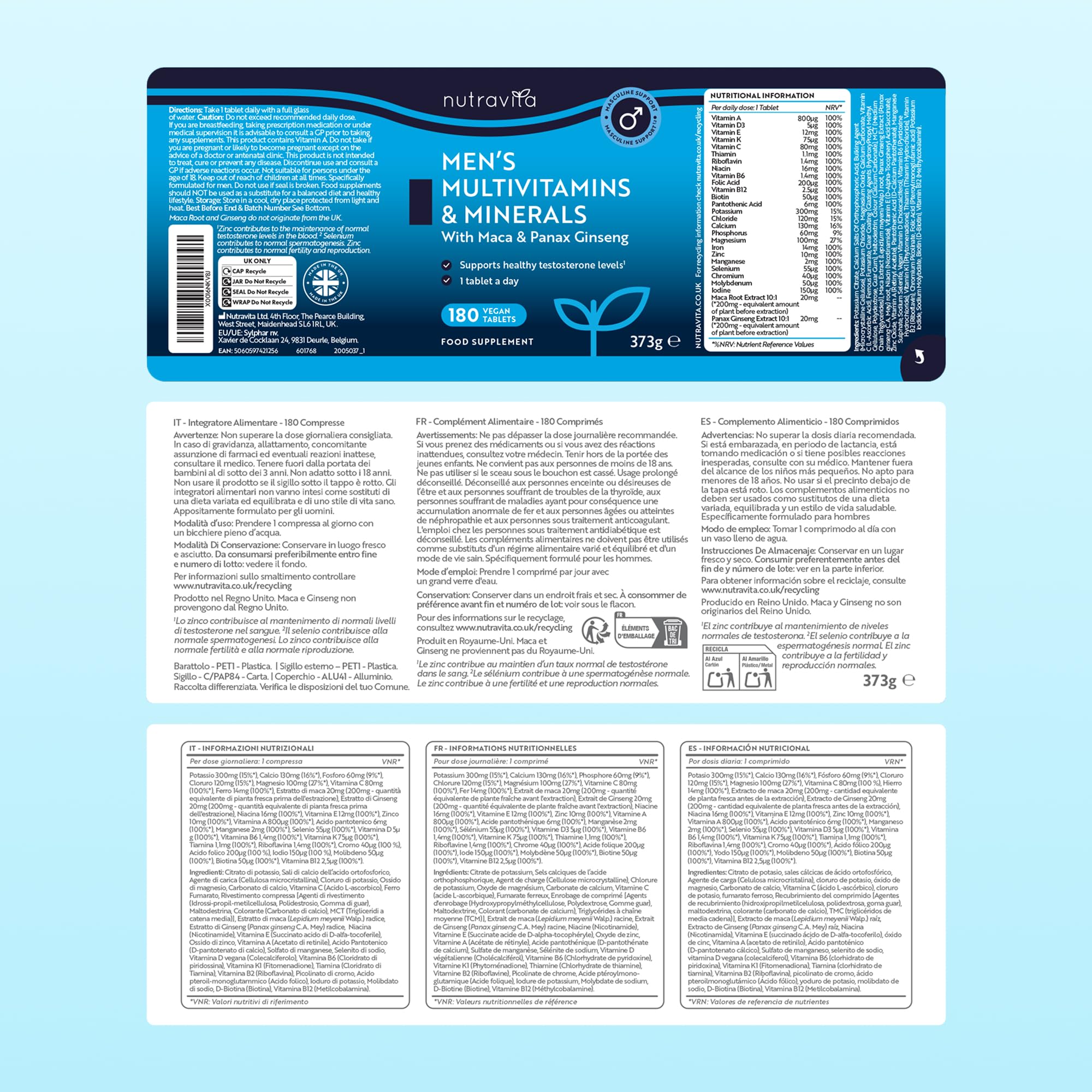 Nutravita Multivitaminas y Minerales Para Hombre - 180 Multivitaminico Tabletas - 25 Vitaminas y Minerales Esenciales - Vitaminas C, Maca y Panax Ginseng - Energía, Inmunidad, Huesos y Músculos