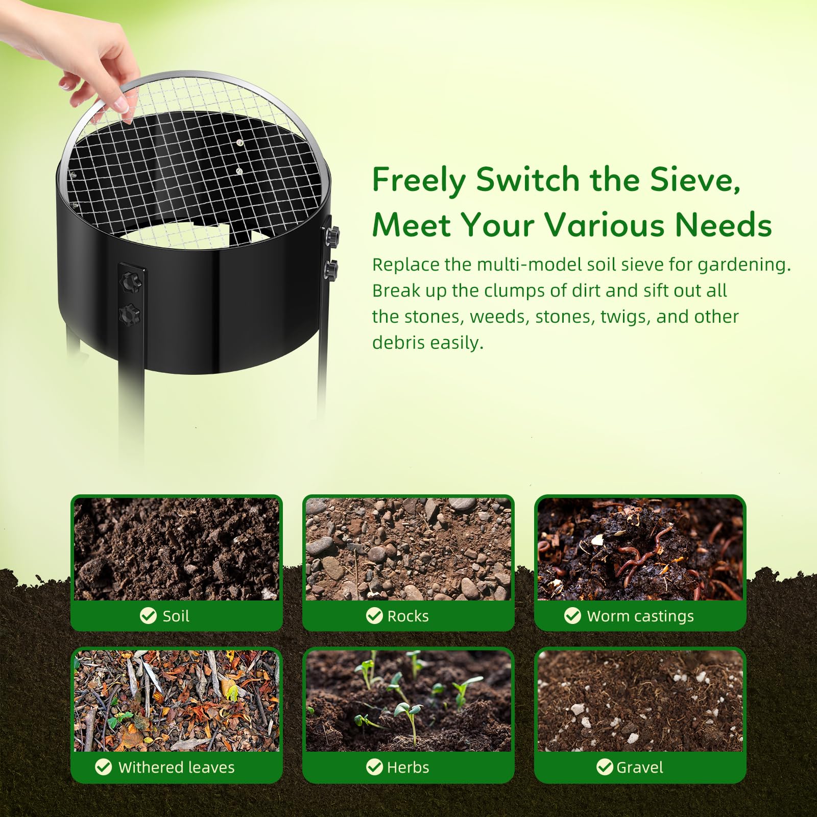 2026 Upgraded Rotary Soil Sifter – 11L Capacity Compost Sieve With 4 Interchangeable Mesh Sizes (0.12–0.47") For Garden Potting And Rock Screening