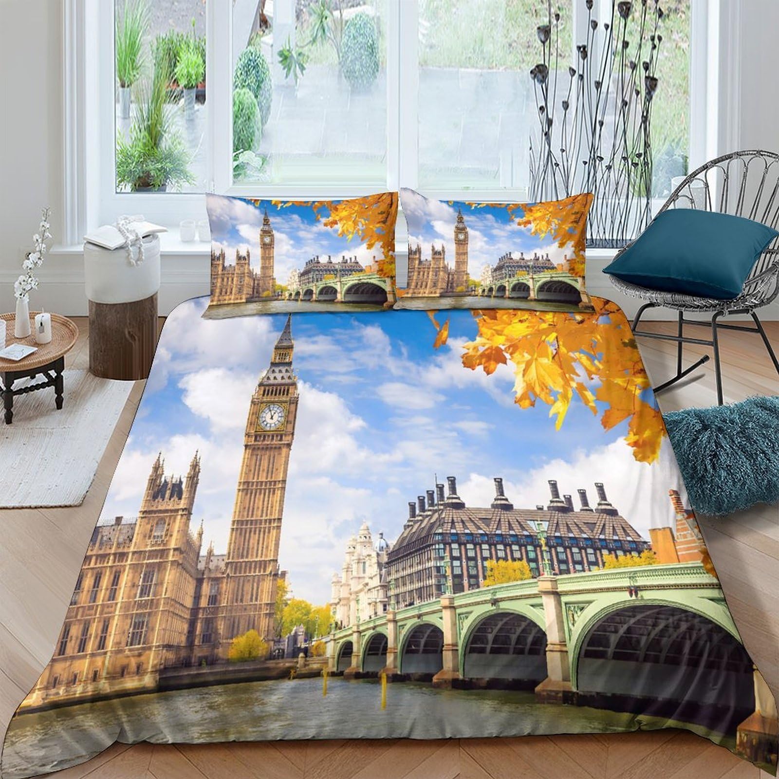 Ctjqhvkz Style-6 3D Printed London Landmark Fitted Sheet Microfiber Soft Autumn View Bed Cover For Bedroom Guest Room Decor Single（135X200cm）