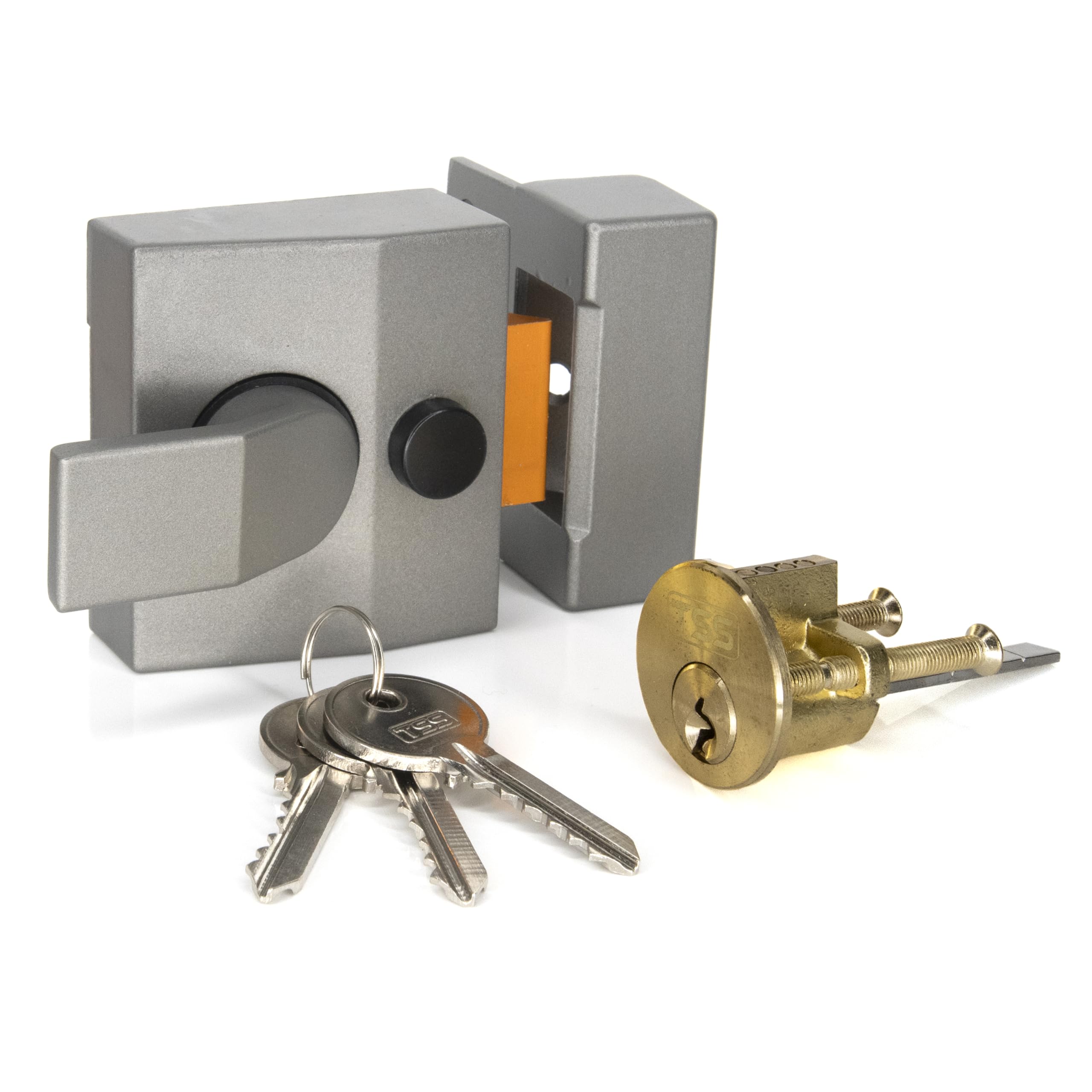 TSS Modern Deadlocking Nightlatch, 40mm Backset, Complete with Rim Cylinder Lock Supplied with 3 Keys. External Door Lock for Front Door and Back Door. (Grey Lock/Brass Cylinder)