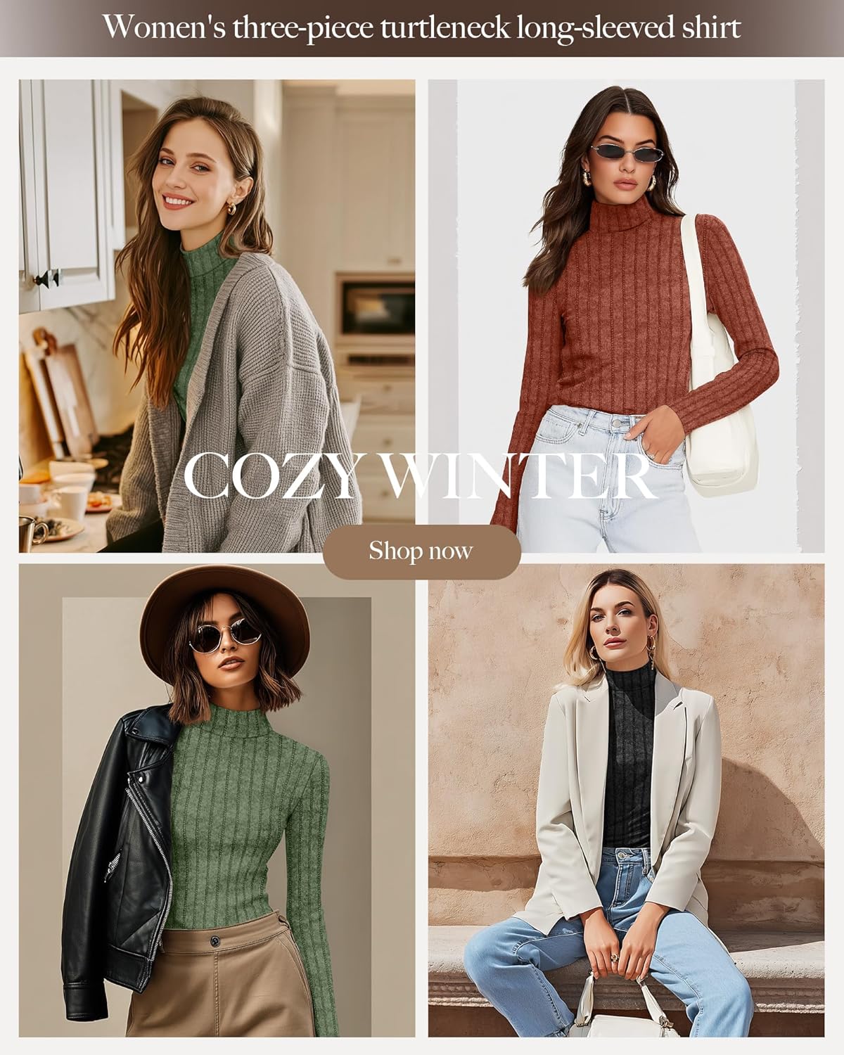 3 Pack Women's Mock Turtleneck Sweaters, Long Sleeve Ribbed Knit Tops, Fit Soft Thermal Underwear, Lightweight Fall Pullover(Rust Red, Green, Black,M) - Image 5