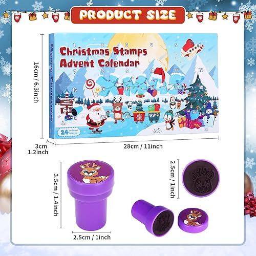 Miniatura 3 de GWHOLE Juego de 24 sellos de tinta para calendario de Adviento navideño, juego de 24 sellos de tinta con temática navideña para niños pequeños