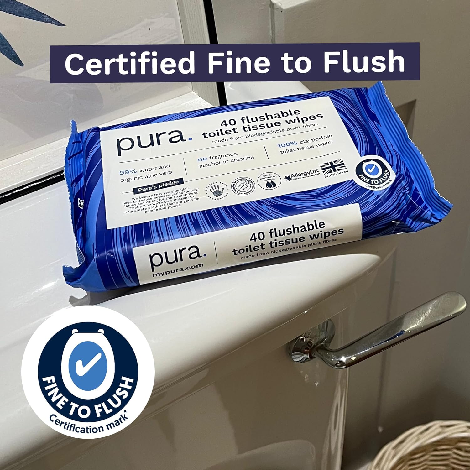 Pura Flushable Moist Toilet Tissue Wipes, 1 Pack of 40 Wet Wipes, 100% Plastic Free, 99% Water Clean Washlets, Certified ‘Fine to Flush’ Biodegradable, Compostable, Vegan, Gentle Clean 3 81nX1hsJDcL. AC SL1500