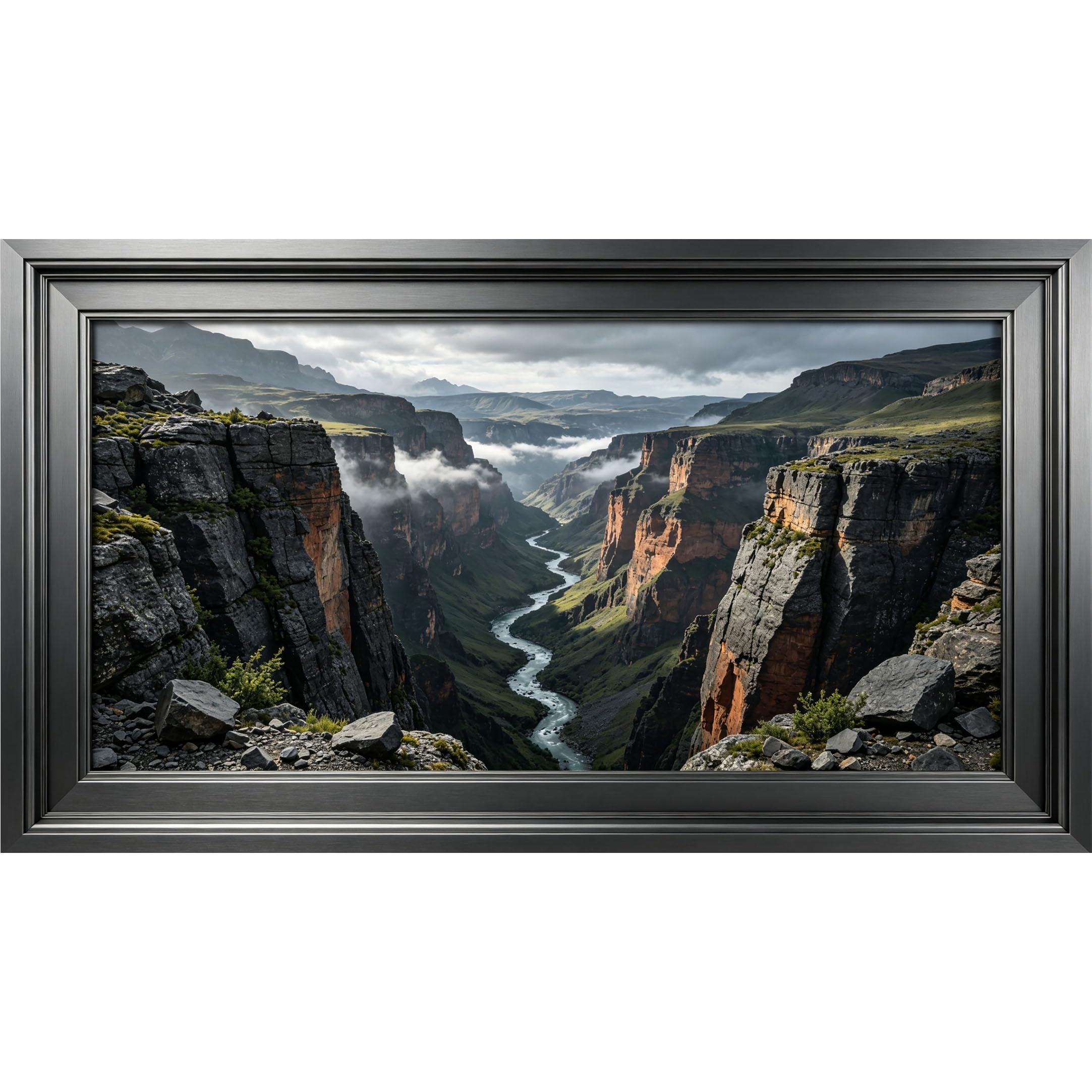 QZLITHOTIC 50x90cm3D Framed Wall Art， Mountain Canyon River Landscape Self‑Adhesive Mural， Water‑Activated Peel & Stick Fabric Decor Wall Decal for Bedroom Living Room