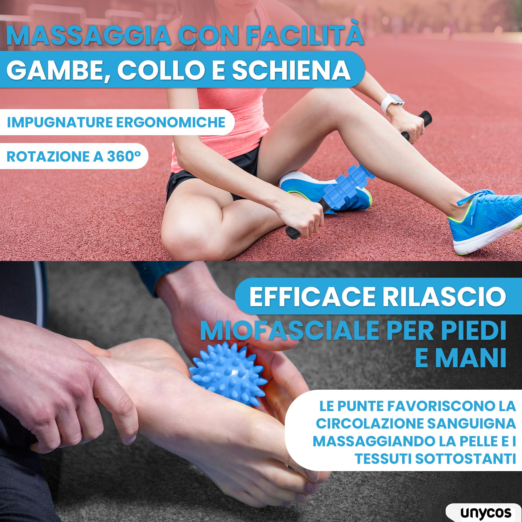 unycos - Foam Roller【PP/EVA】| Kit 5 in 1, Rullo per Massaggio Muscolare che Supporta 120 kg, Fascia di Resistenza Fitness, Palla, Bastone di Riabilitazione, Corda di Forma e Custodia (Blu)