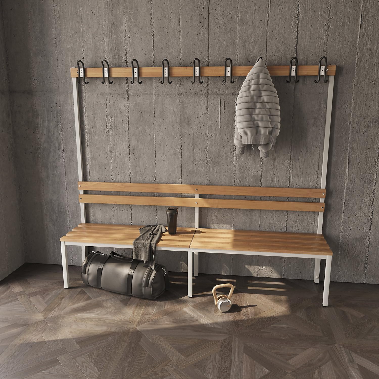 EUROKRAFT Basic | Banc de vestiaire avec Dossier | Unilatéral, lattes en bois de hêtre, longueur 2000 mm