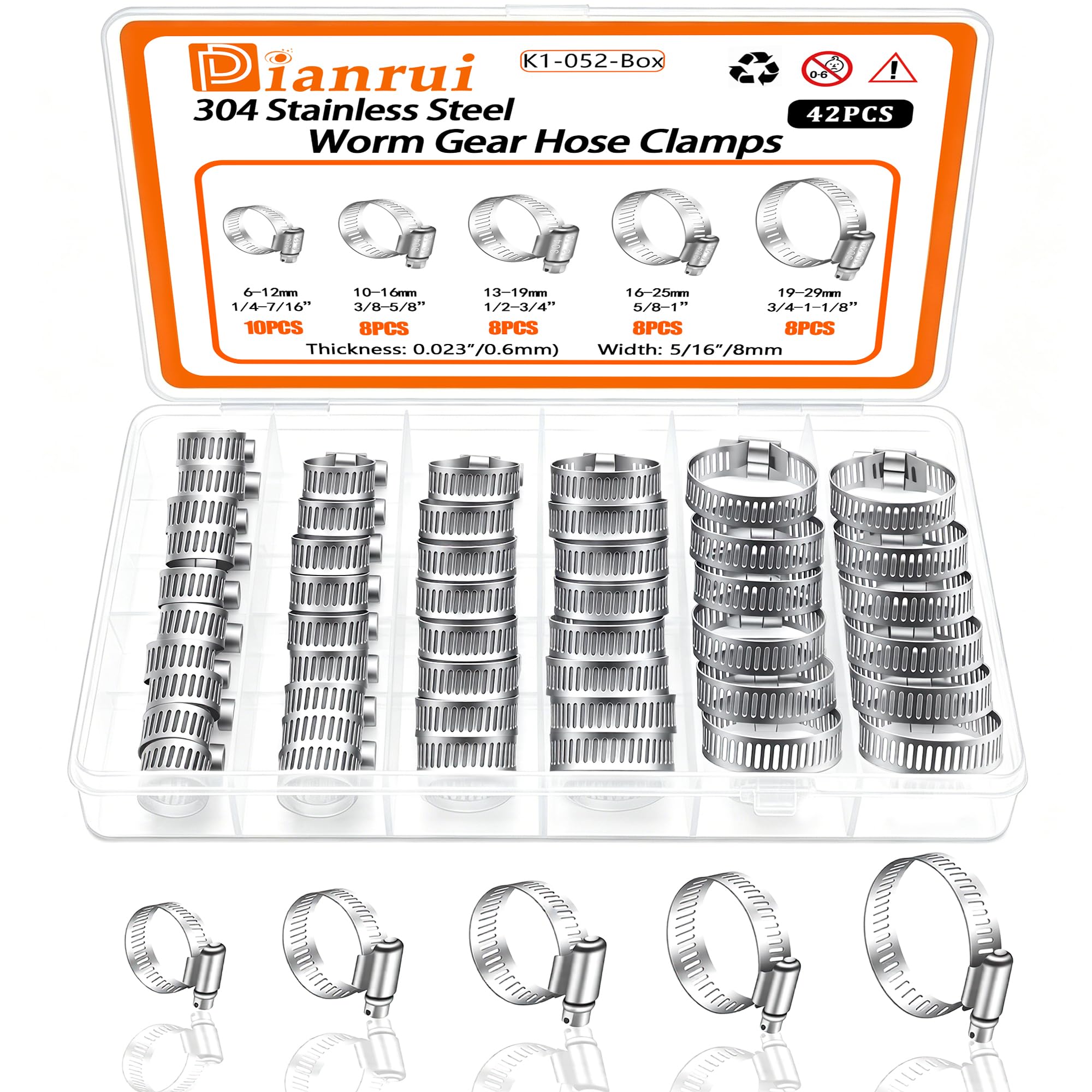 Dianrui Hose Clamps Stainless Steel 304, Hose Clamp Kit 1/4"–1-1/8", 42 PCS