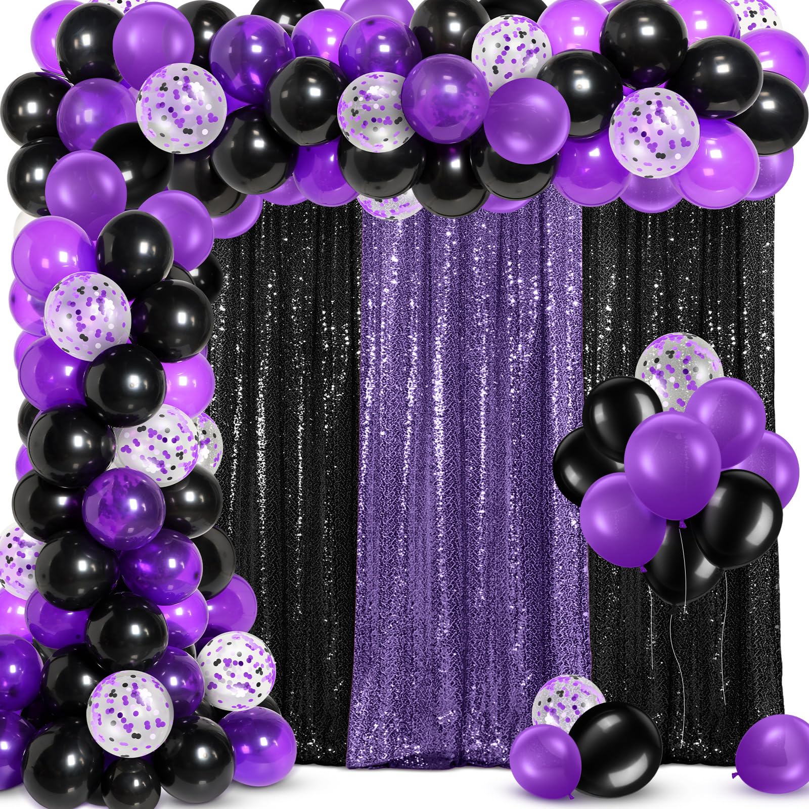 SmoothNovelty 137 Pcs Purple Black Party Backdrop Kits - 4 Sequin Backdrop Curtain 133 Balloon Arch Garland Kit Photo Background for Graduation