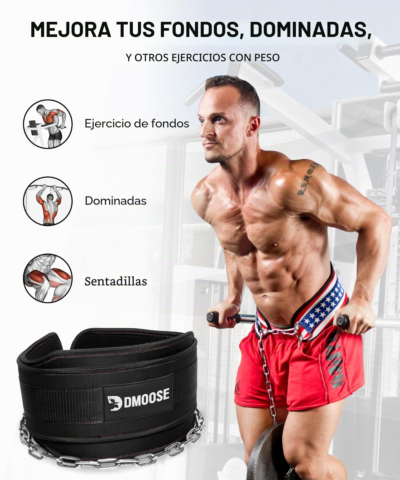 DMoose - Cinturón de inmersión con cadena de 36" de cadena de acero resistente, ajuste cómodo, doble costura, maximiza tus entrenamientos de levantamiento de pesas y culturismo