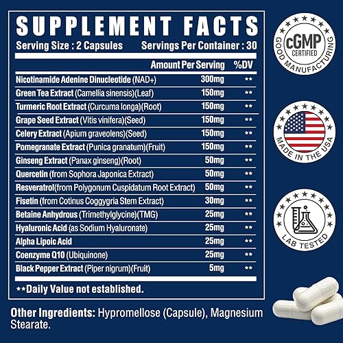 Vista 2 de Suplemento NAD+ - Suplemento de resveratrol NAD complejo 15 en 1 con té verde, cúrcuma, semilla de uva, quercetina y ácido hialurónico, apoya