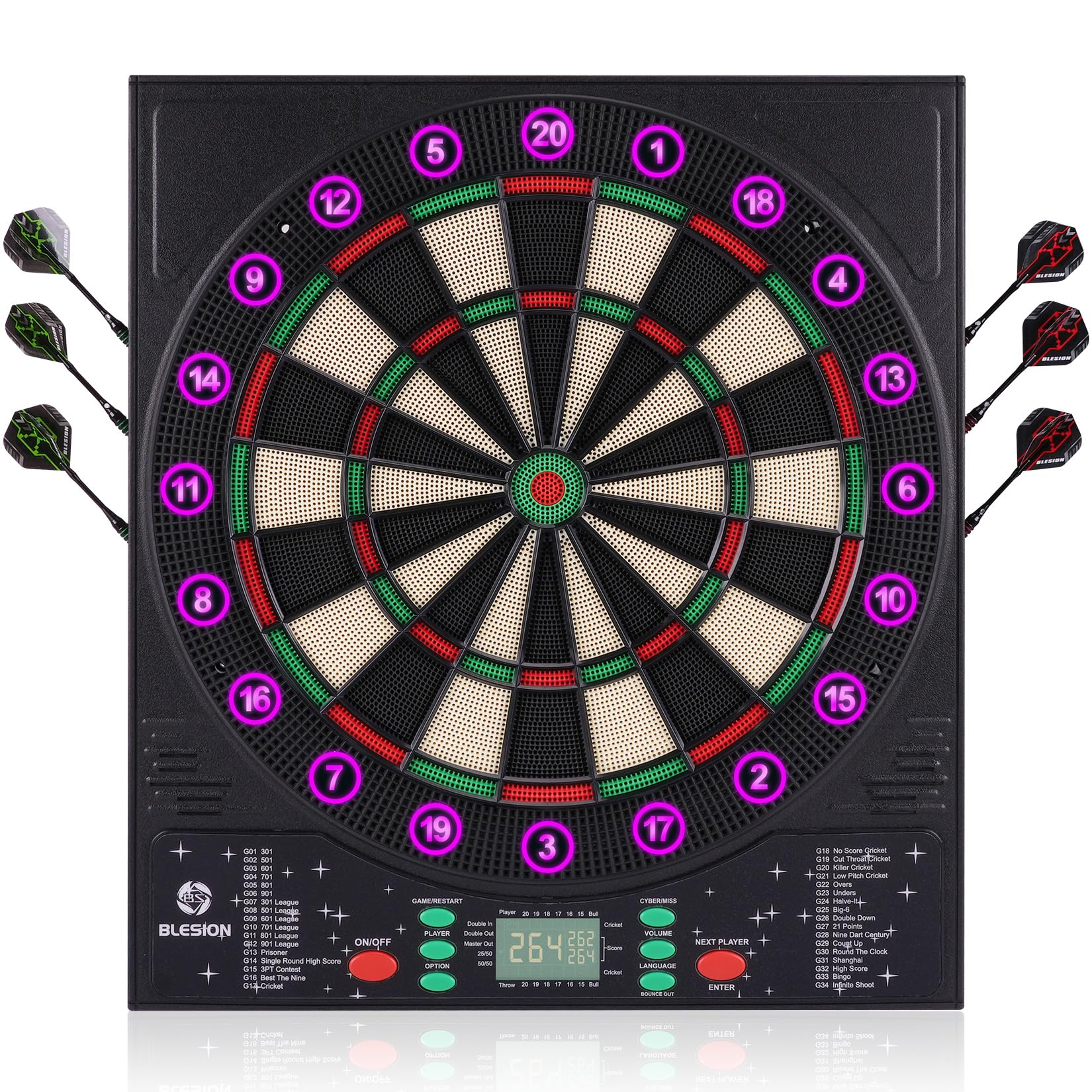Belsion Jeu de Fléchettes Électronique avec Cible Lumière Colorée, 6 Fléchettes Pointe Plastique, 50 Pointes Souples