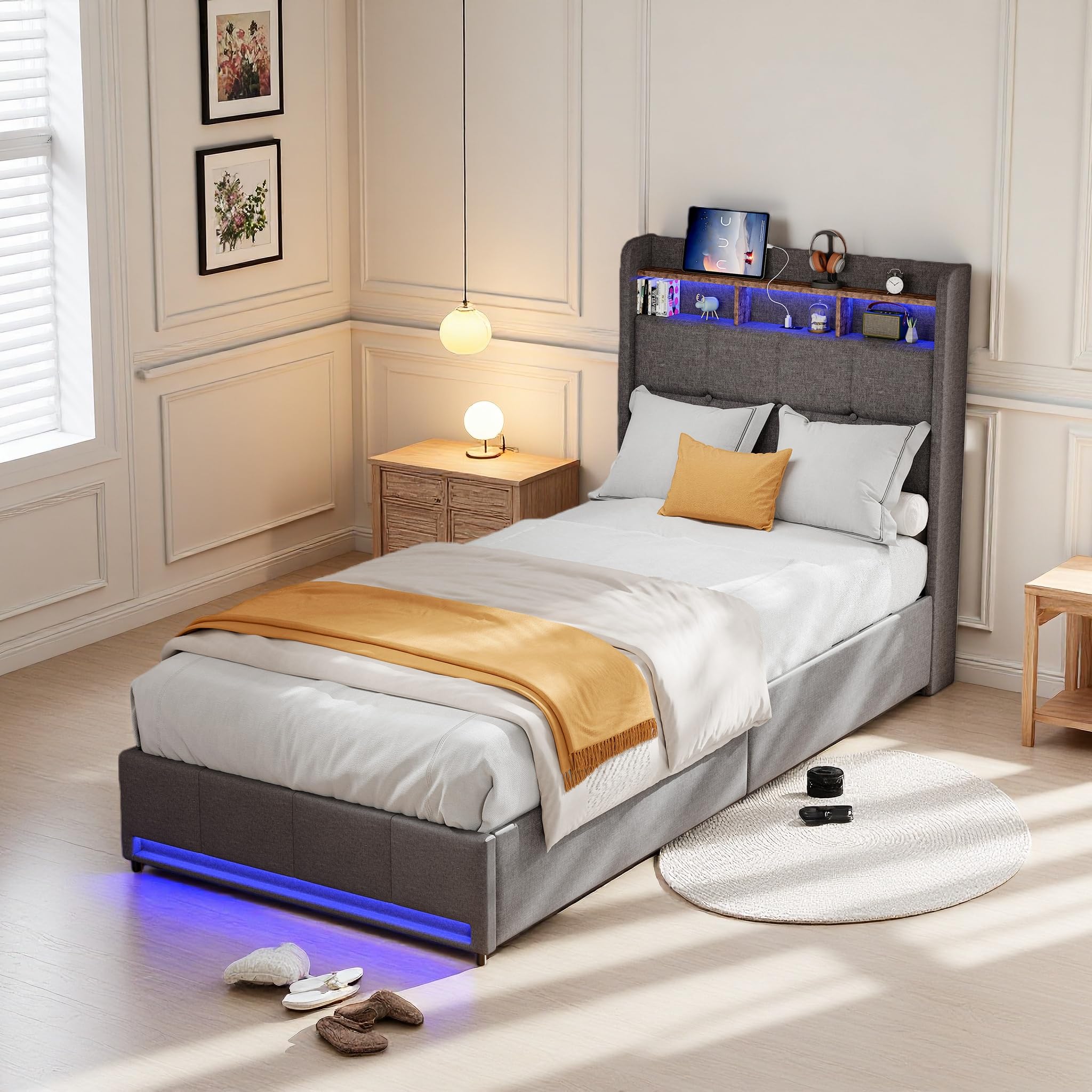 Letto 90 x 200 con Sommier, Letti 1 Persone con LED e Porta USB, Letti Singoli Capitonnati con 2 Cassetti, Testiera con Conservazione, Rete a Lattini, Lino Grigio, senza Materassi