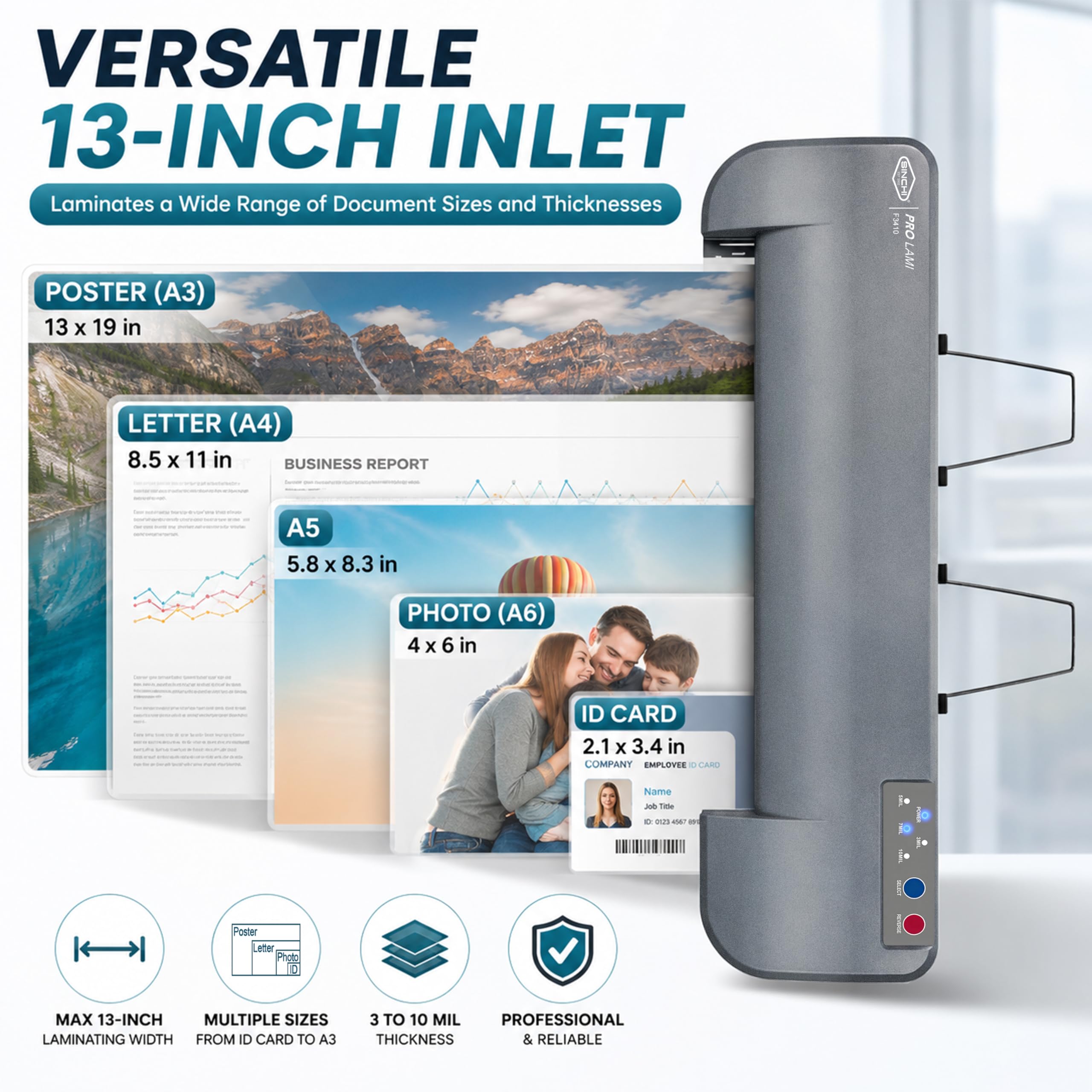 SINCHI Plastificatrice termica A3 e applicatore per pellicola, 4 rulli, 2 x 75-2 x 250 microfono, riscaldamento 55s, max. 1000 mm/min, spegnimento automatico, macchina di grado commerciale + 10