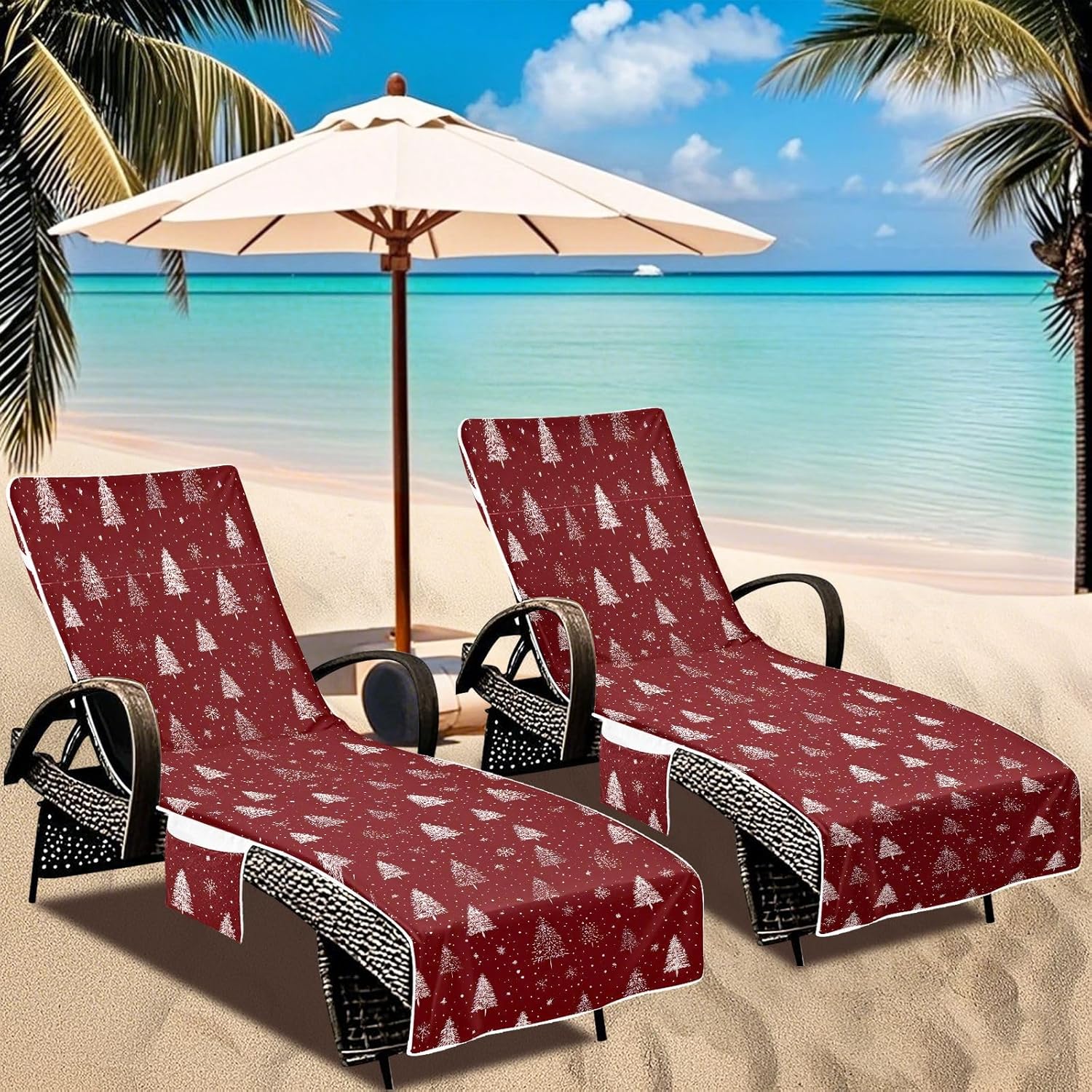 Lounge Chair Cover with Side Pockets Beach Chair Cover Cartoon Red Christmas Tree Microfiber Pool Chaise Towel No Sliding for Outdoor Beach Garden Sunbathing Patio, 85 x30 in