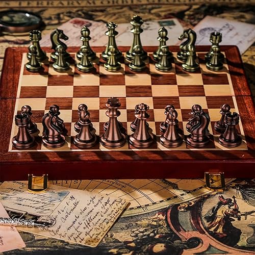 Miniatura 2 de Juego de ajedrez de metal de viaje para niños y adultos con tablero de madera plegable y caja de almacenamiento plegable, piezas de ajedrez estándar