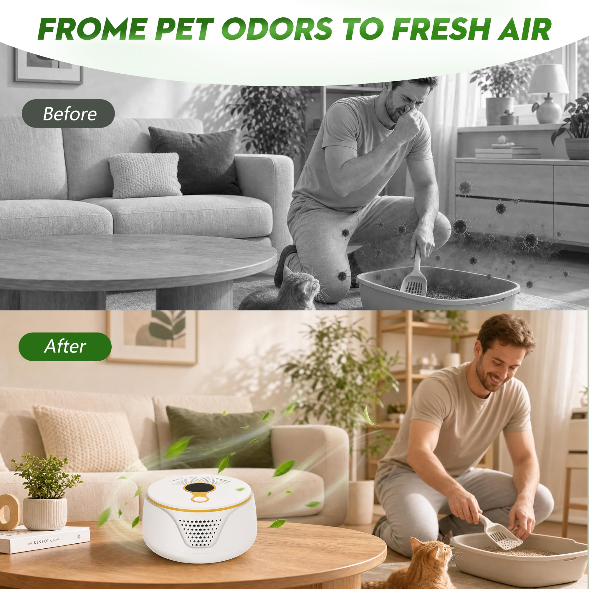Desodorante de olor de arena para gatos, purificador de aire de ozono recargable inalámbrico para caja de arena de perros y gatitos, eliminador de olores de mascotas con 3 modos para el hogar