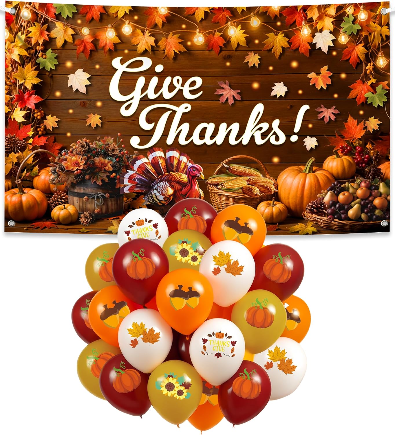 KatchOn, Give Thanks Decorations Bundle Set Pack of 23 | Thanksgiving Banner and 60 Thanksgiving Balloons for Indoor and Outdoor Fall Decor, Autumn Harvest, Turkey Theme, Wall and Pumpkin Party Decor