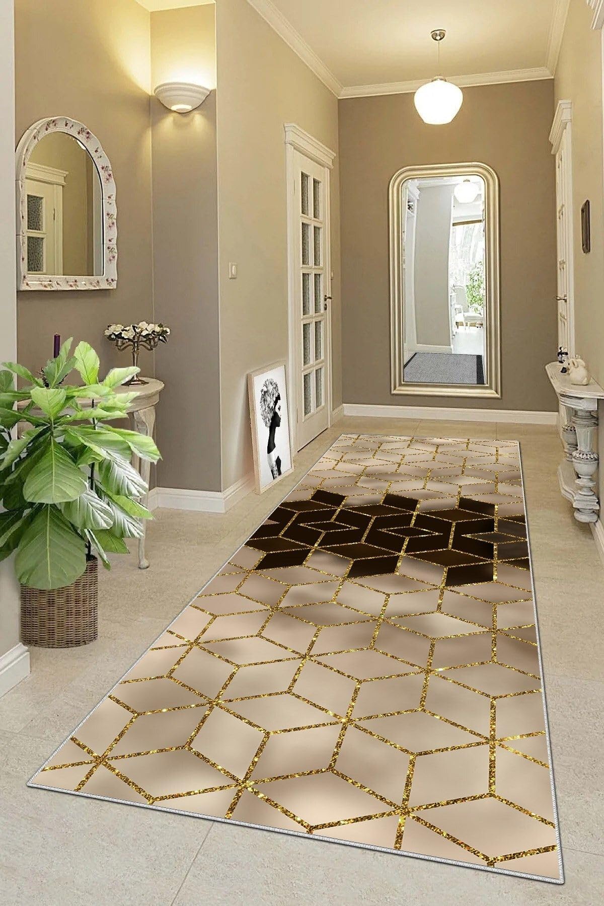 Pelangi Balpeteği Geometrik Desenli Etnik Dijital Baskı Yıkanabilir Kaymaz Taban Salon Halı Ve Yollu, Gold-Sütlü Kahve 100 x 200, 95551038111002007