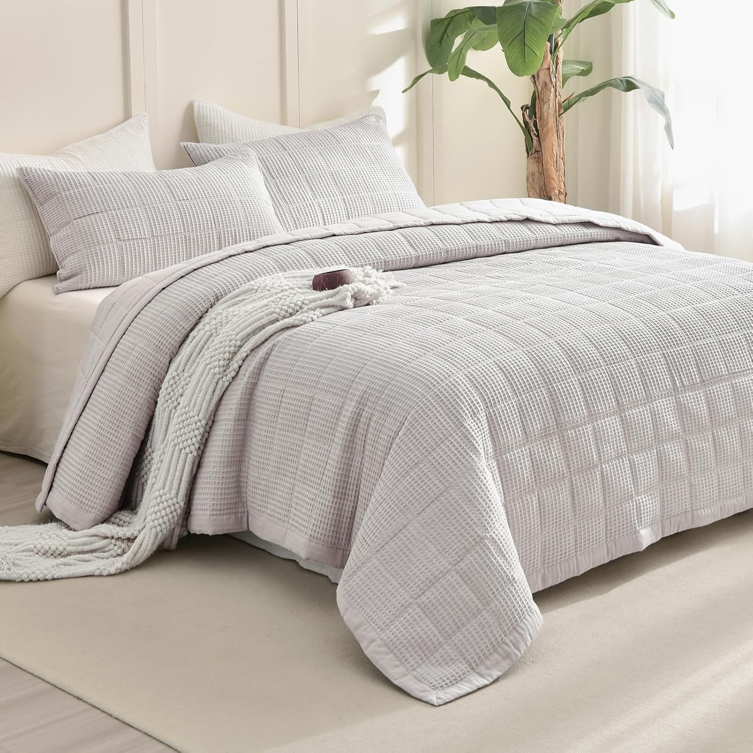 sanracie oversized king bedspread (128"x120"), cotton oatmeal colored waffle quilt set 3pcs extra wide soft farmhouse coverlet sets lightweight breathable aesthetic bed coverlet for all season oversized king plus(128*120) oatmeal b
