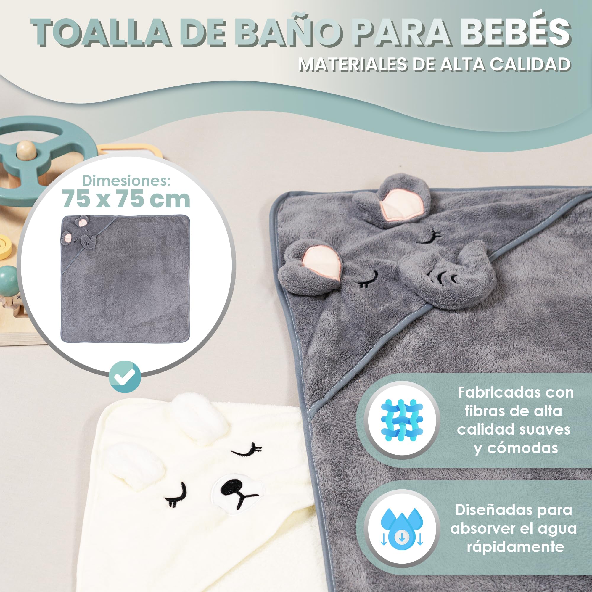 2 Unidades Toalla Bebe Recien Nacido + 1 Esponja Recien Nacido - Toallas con Capucha de Animales 0-3 años - Toalla baño - Esponja Natural - Accesorios Bebes (Blanco/Lila)