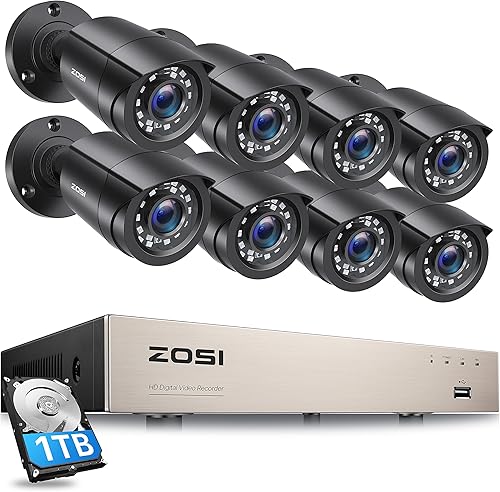 ZOSI Sistema de cámara de seguridad para el hogar de 8 canales para exteriores con disco duro de 1 TB, H.265+ 5MP Lite CCTV DVR, 8 cámaras de
