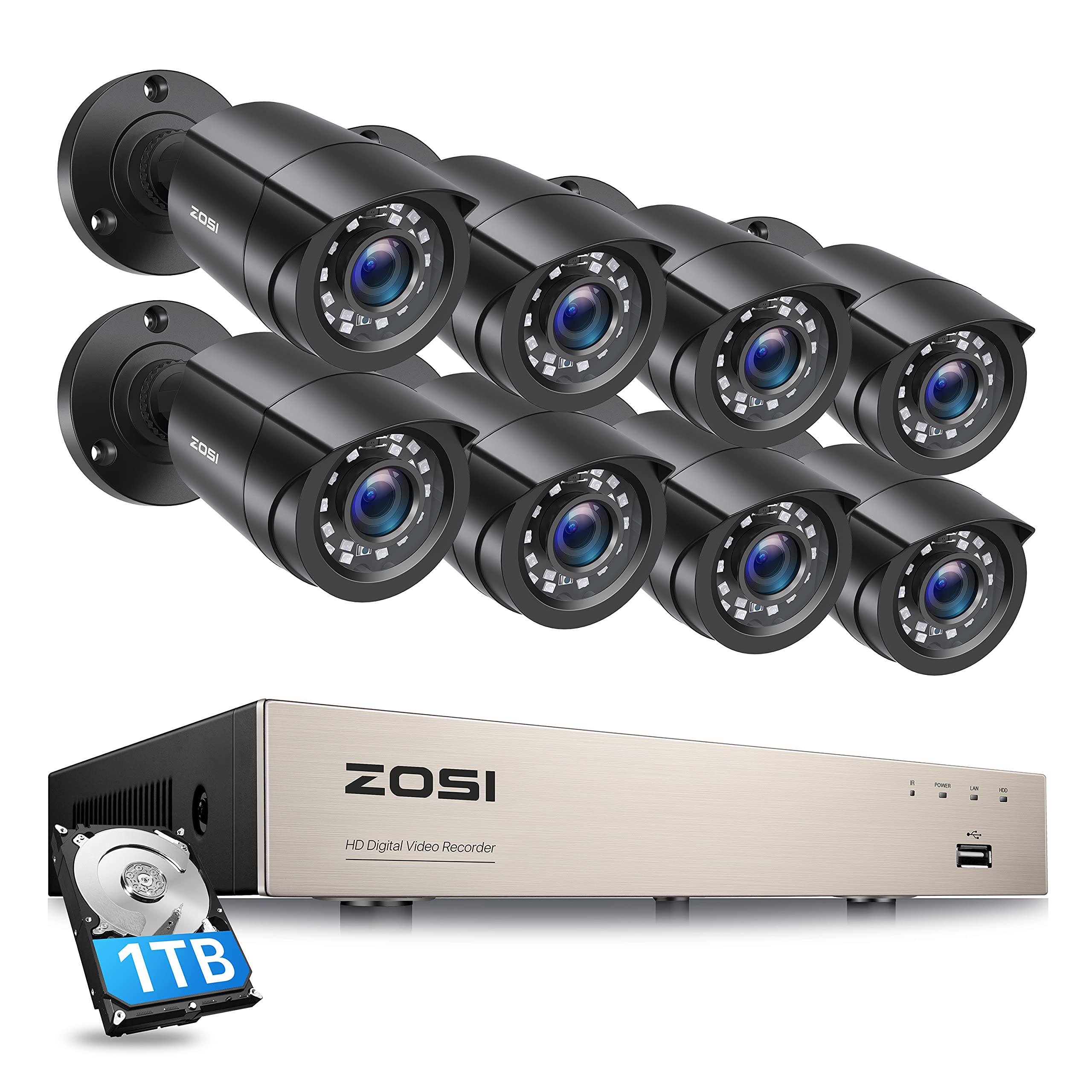 ZOSI 8CH Security Camera System Outdoor with 1TB Hard Drive,H.265+ 8Channel 5MP Lite CCTV DVR Recorder 8pcs Weatherproof H...