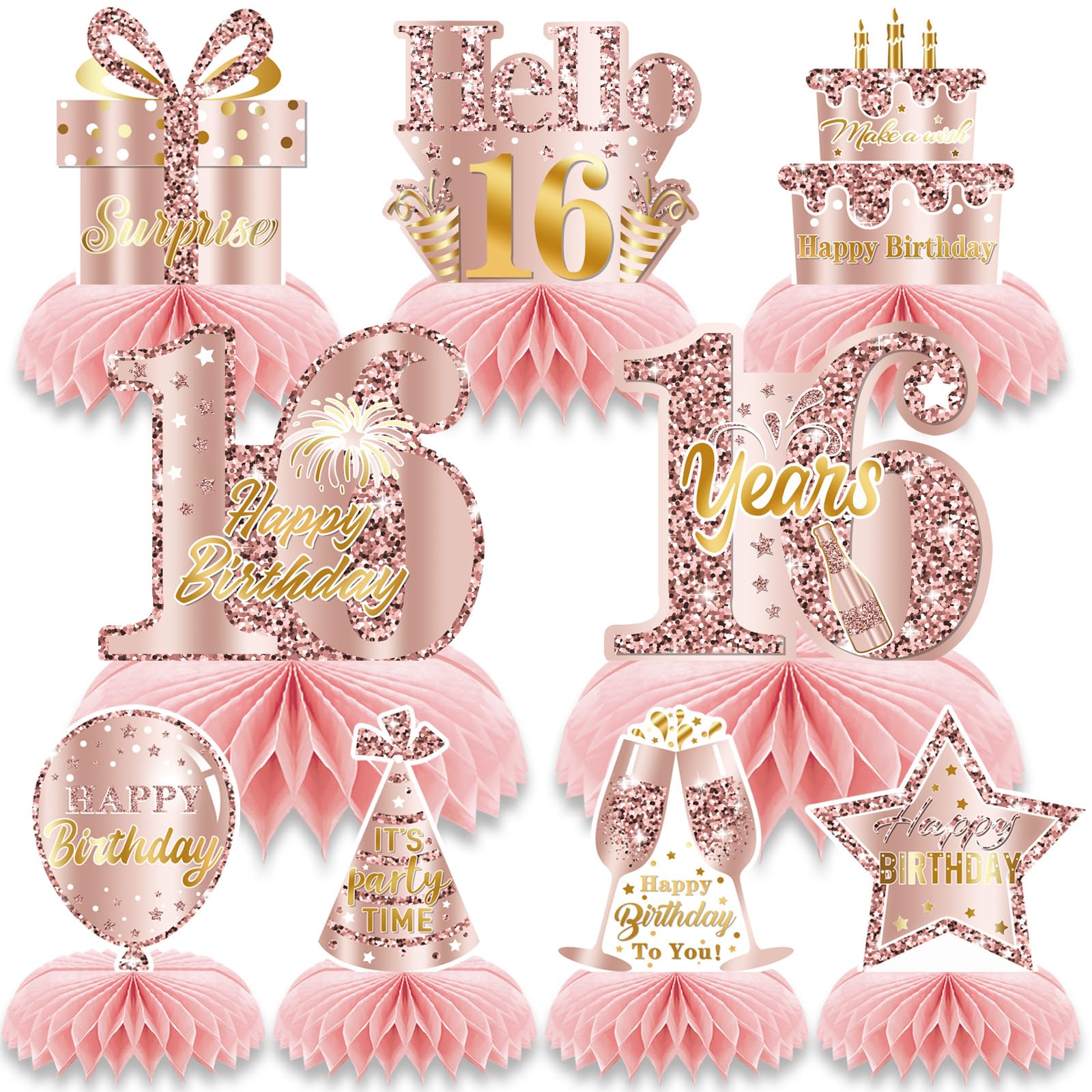 16th Birthday Honeycomb Decorations 9 Pcs Rose Gold Centerpieces Pink Table Decorations for 16th Birthday Party Happy Birthday Table Centerpieces Party Supplies for Women Girls (16th)