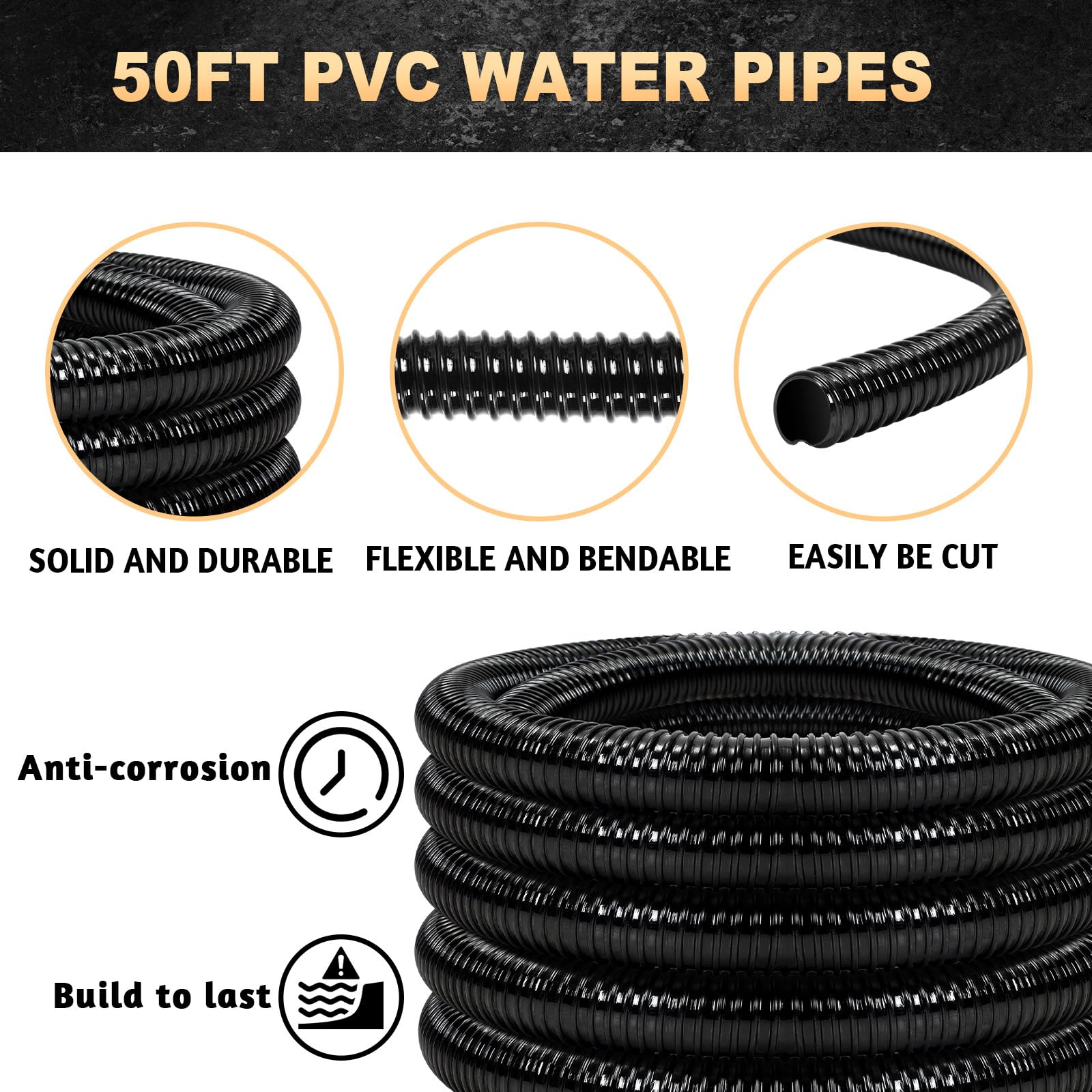 Frienda 50ft Pond Pipe Non Kink PVC Pipe Water Garden Drainage Long Corrugated Flexible Hose for Gardening Ponds Fountains Aquariums (3/4" Diameter x 50ft)