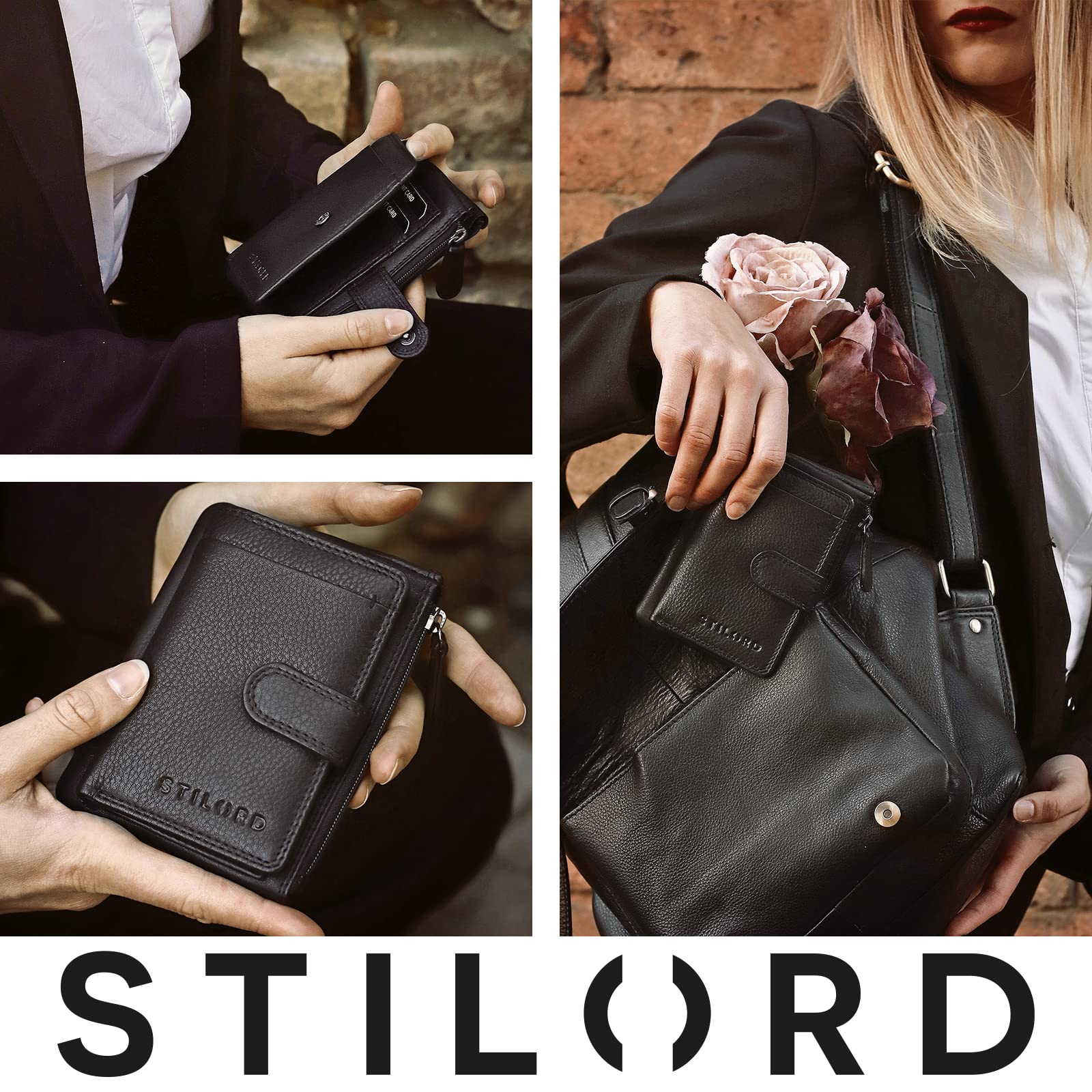 STILORD "Garrett" Skórzane etui na karty z kółkiem na klucze RFID mężczyzna kobieta mini portfel mały EC etui na karty slim portfel skórzany Kolor:czarny