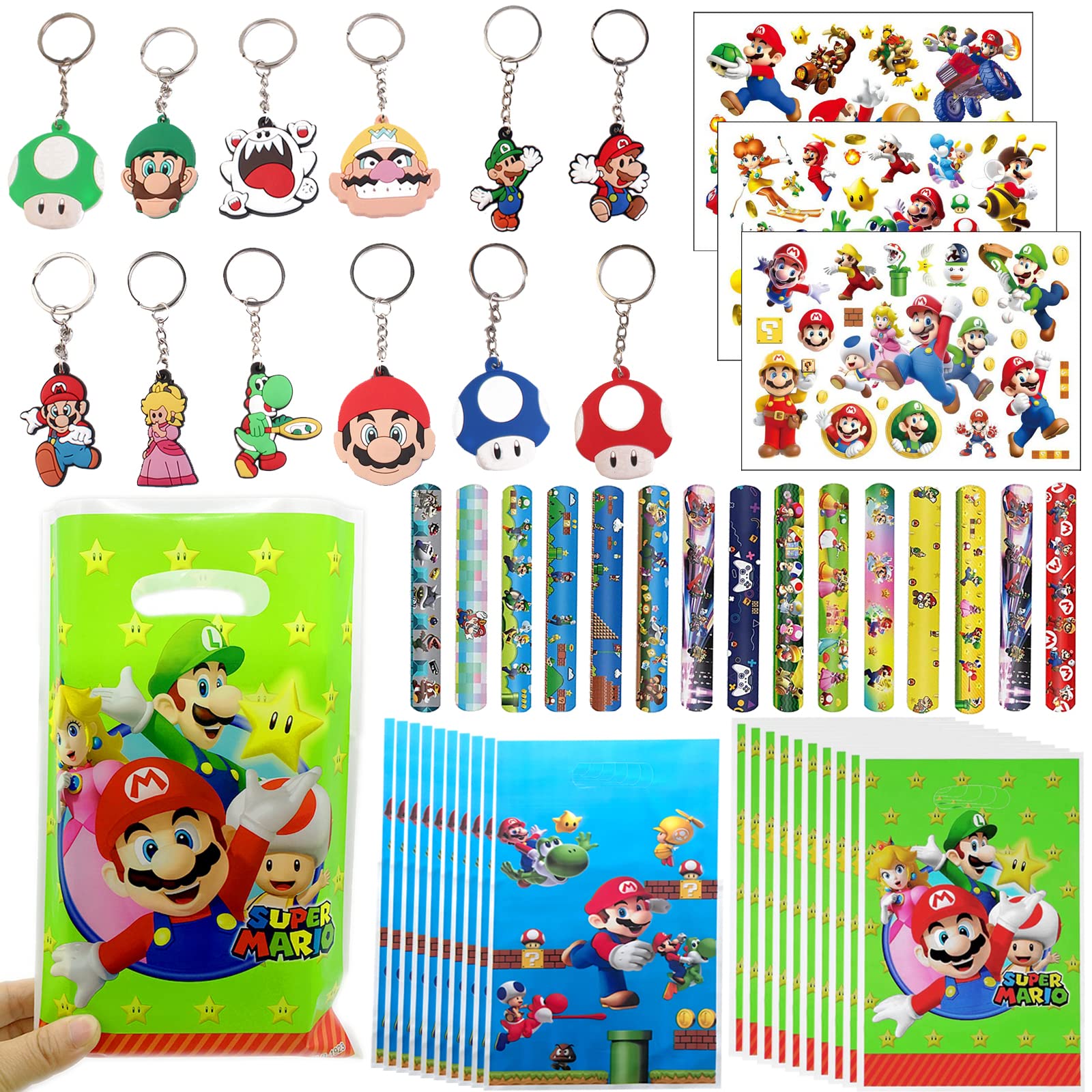 wukou 51pcs Super Bros Party Favors Slap Bracelets Keychain Tattoos Party Bags Kids Boy Gaming On Themed Birthday Party Supplies Candy Rewards Treat Pinata Gift Goodie Bag Fillers