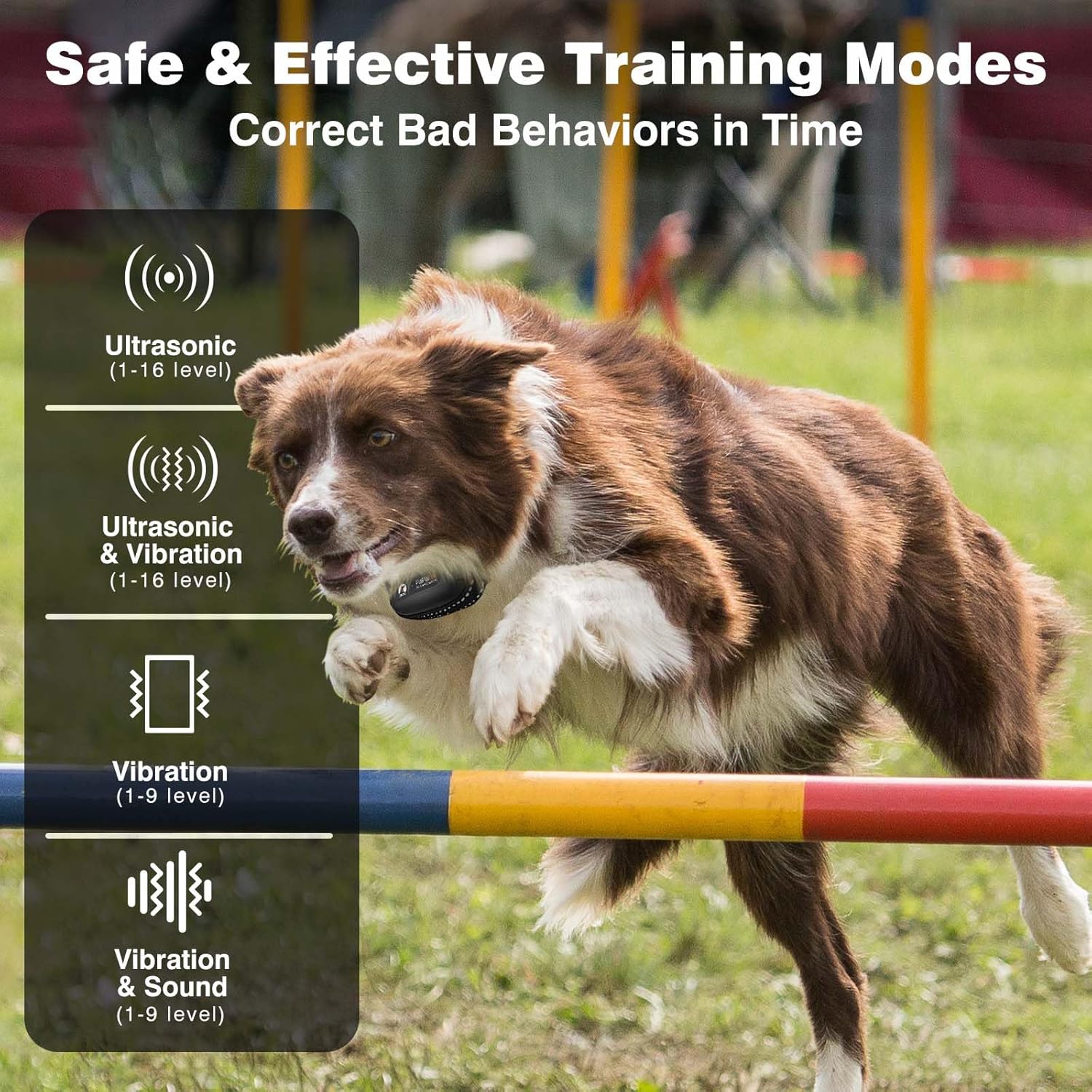 PaiPaitek training collar modes: ultrasonic, vibration, and sound.