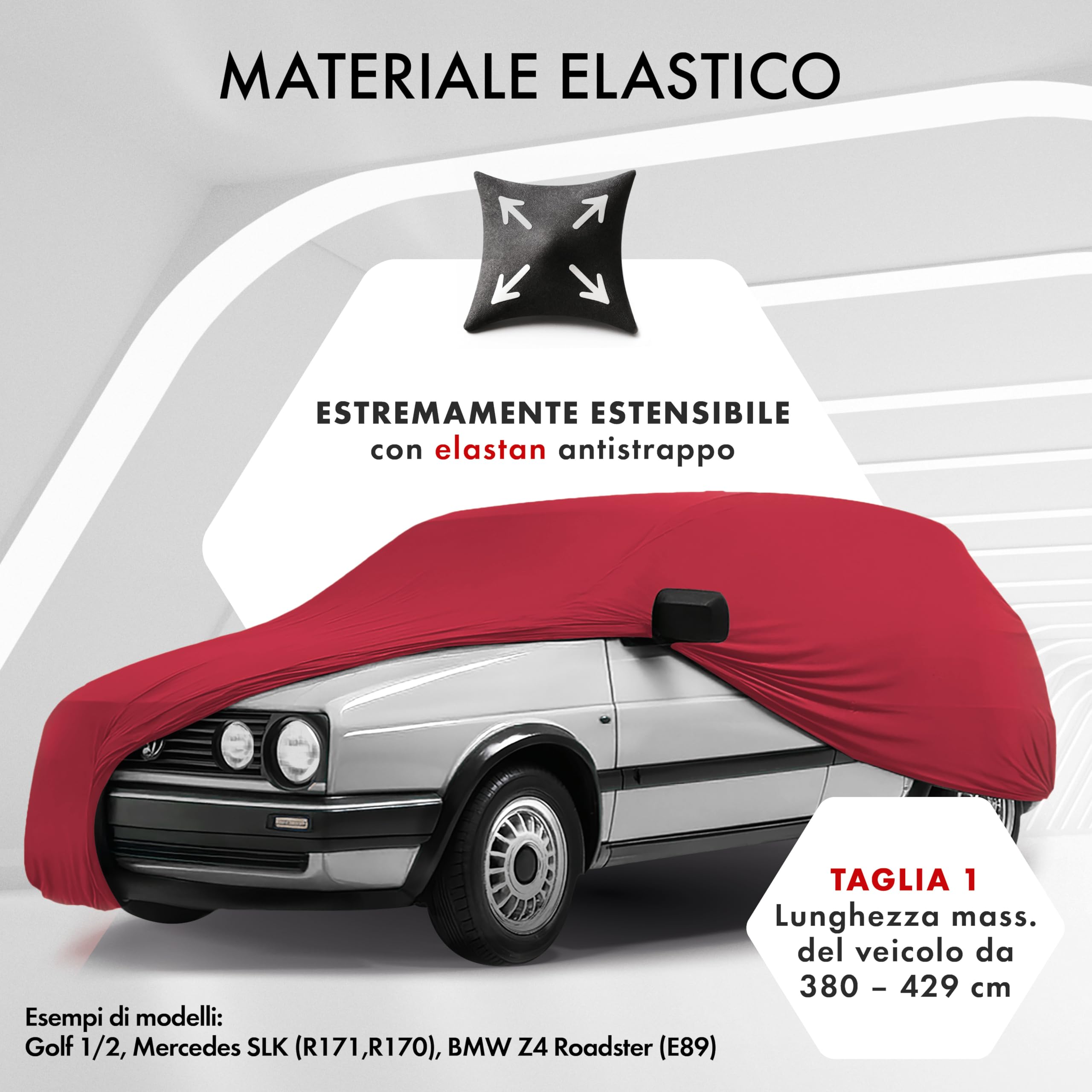 WALSER Premium Telo Copriauto da Interno Stretch Plus - Elasticizzato e Antipolvere, Morbido per Uso Interno, Copertura Protettiva per Auto, Misura 1, Rosso