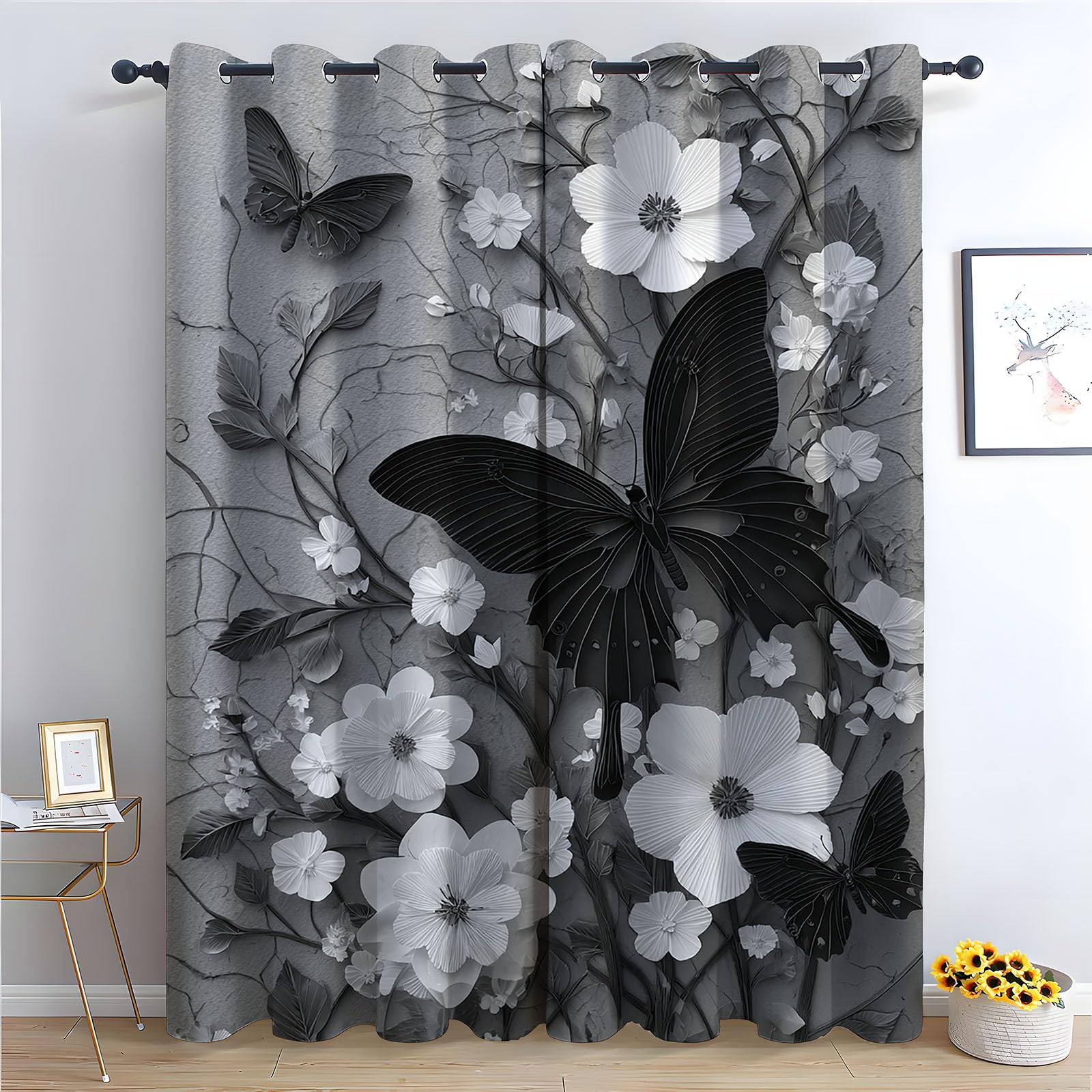 WQBQKKX Plant Curtains Window Ink Painting Eyelet Curtain Botanical Thermal Insulated Noise Reducing Drapes Window Treatment-52 W x 72" L (Pack of 2)