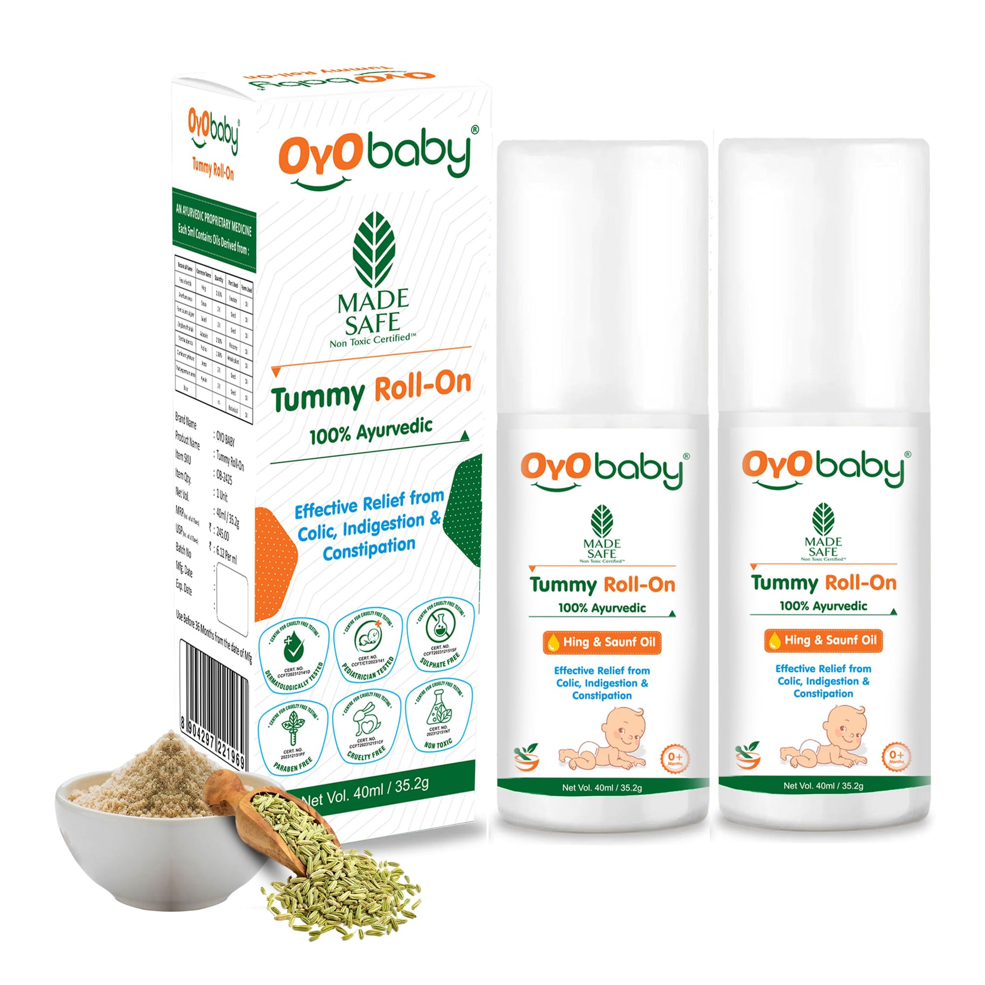 OYO BABYAyurvedic Tummy Roll-On for Babies | Colic Relief, Constipation & Indigestion | Hing & Saunf Formula |100% Ayurvedic - 40ml - Pack of 2