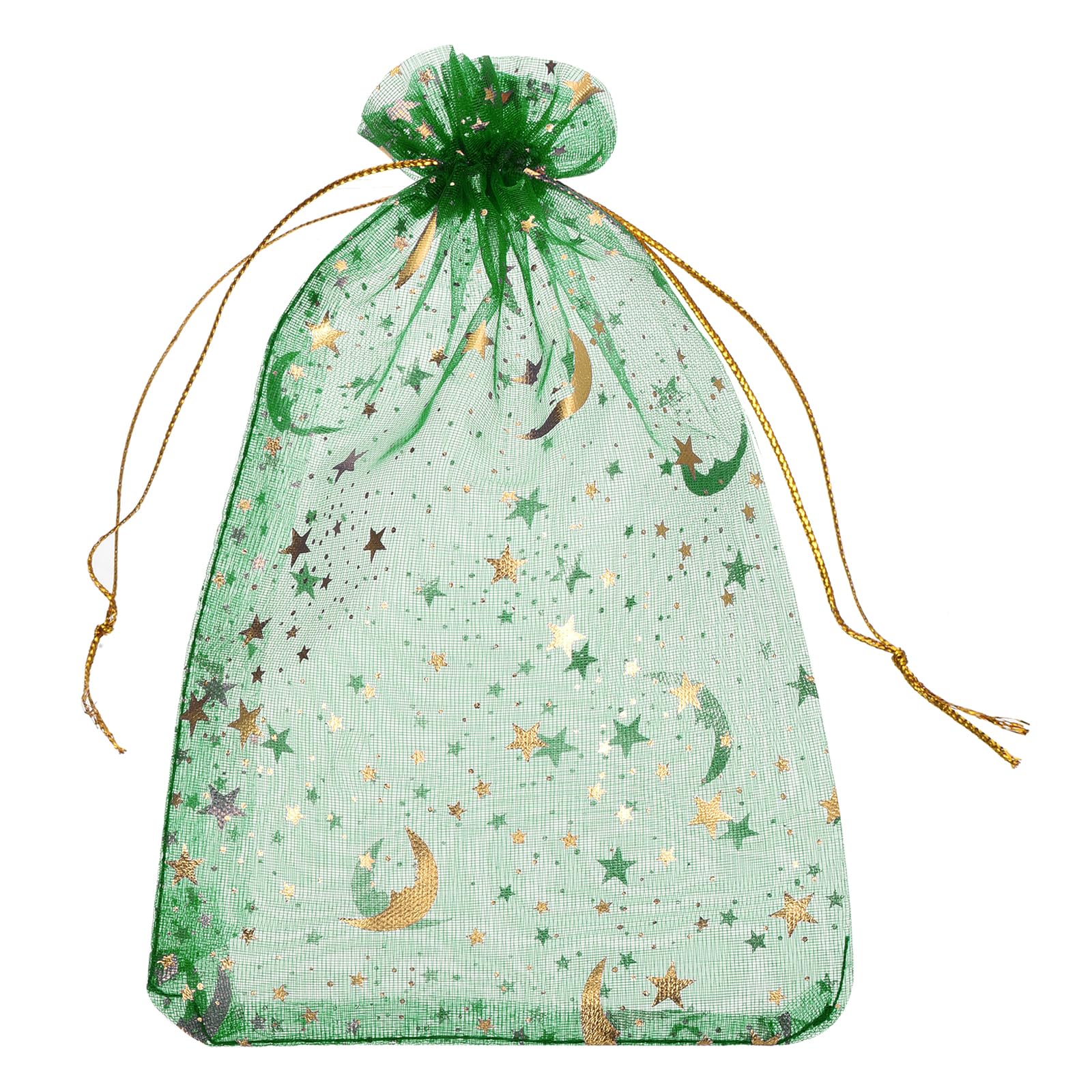 sourcing map Organza Bag 13 x 18cm, Sheer Moon Star Mesh Bags Drawstring Gift Bags Bulk Party Favor Bag Jewelry Pouches for Wedding Candy Valentines (Green-Gold, Pack of 50)
